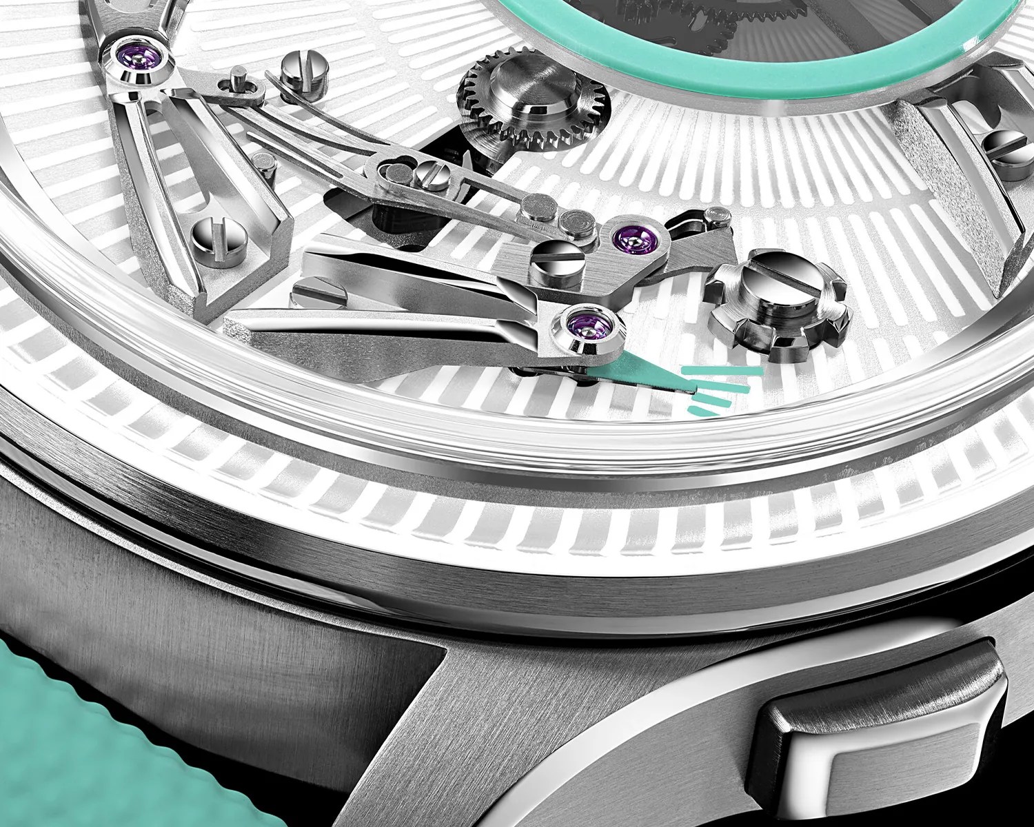Close-up of a silver mechanical watch movement with purple jewels and turquoise accents under a clear crystal.