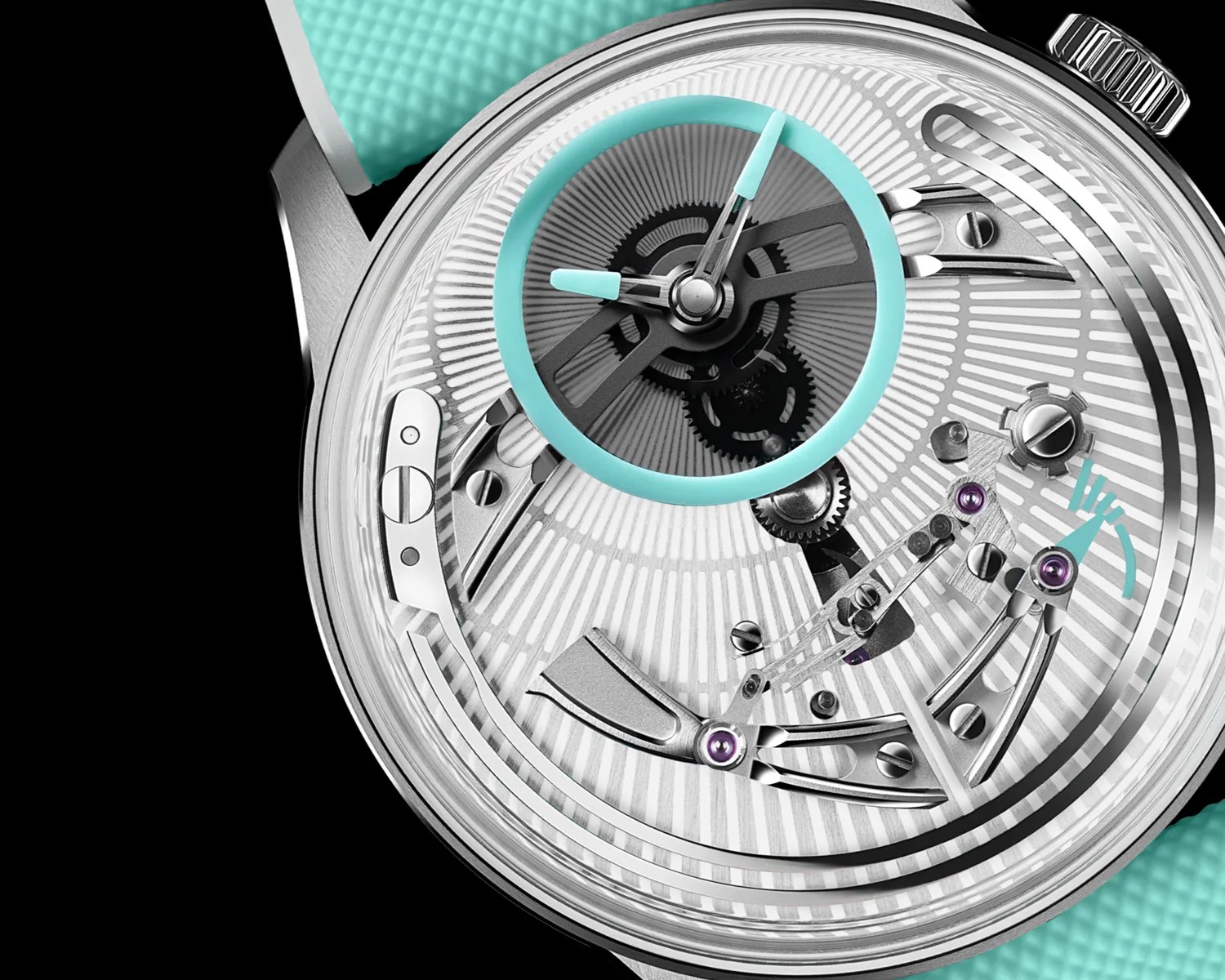 Close-up of a mechanical watch face with silver gears, turquoise accents, and a textured turquoise strap.