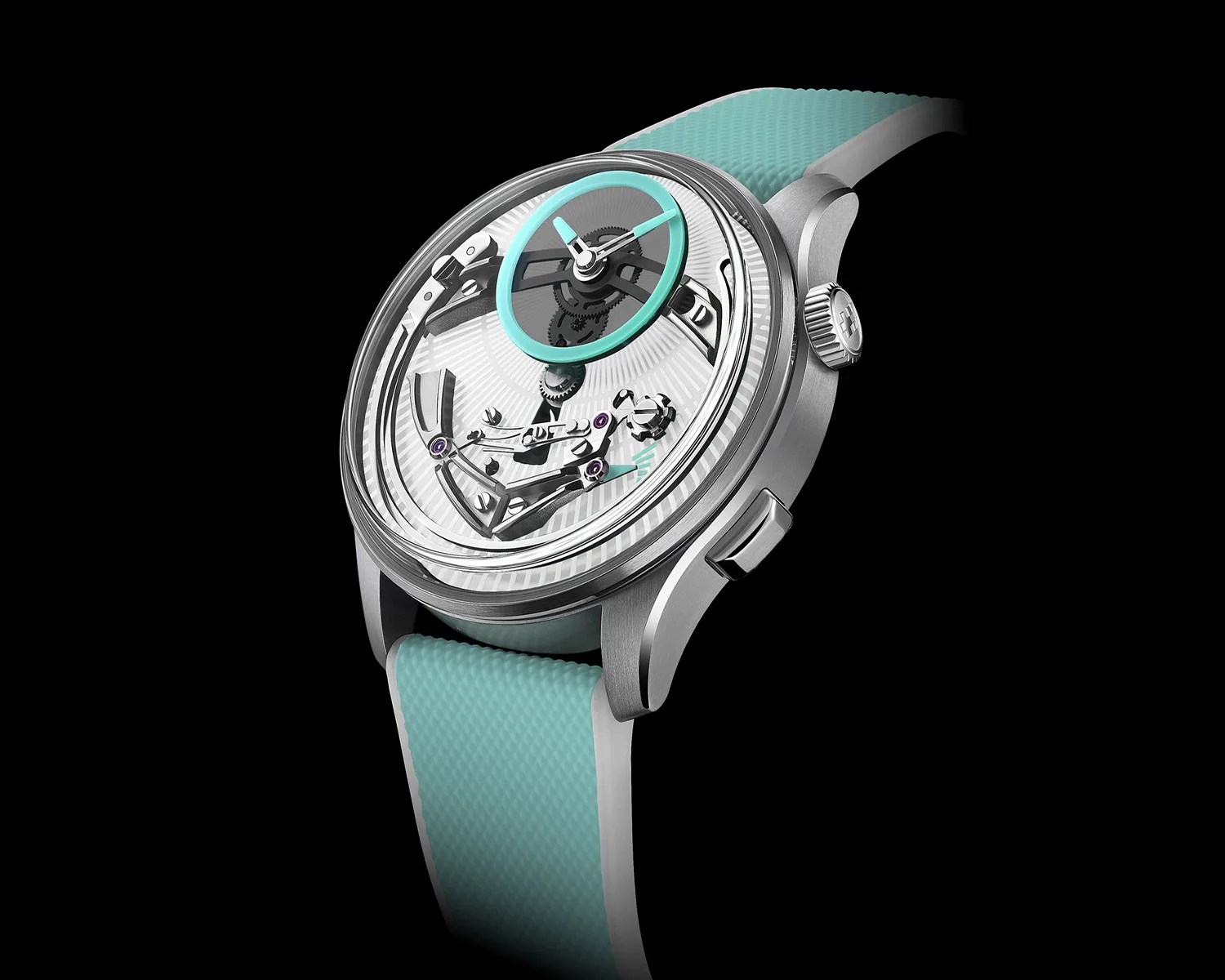 Silver mechanical wristwatch with a transparent dial, turquoise accents, and a textured turquoise strap.