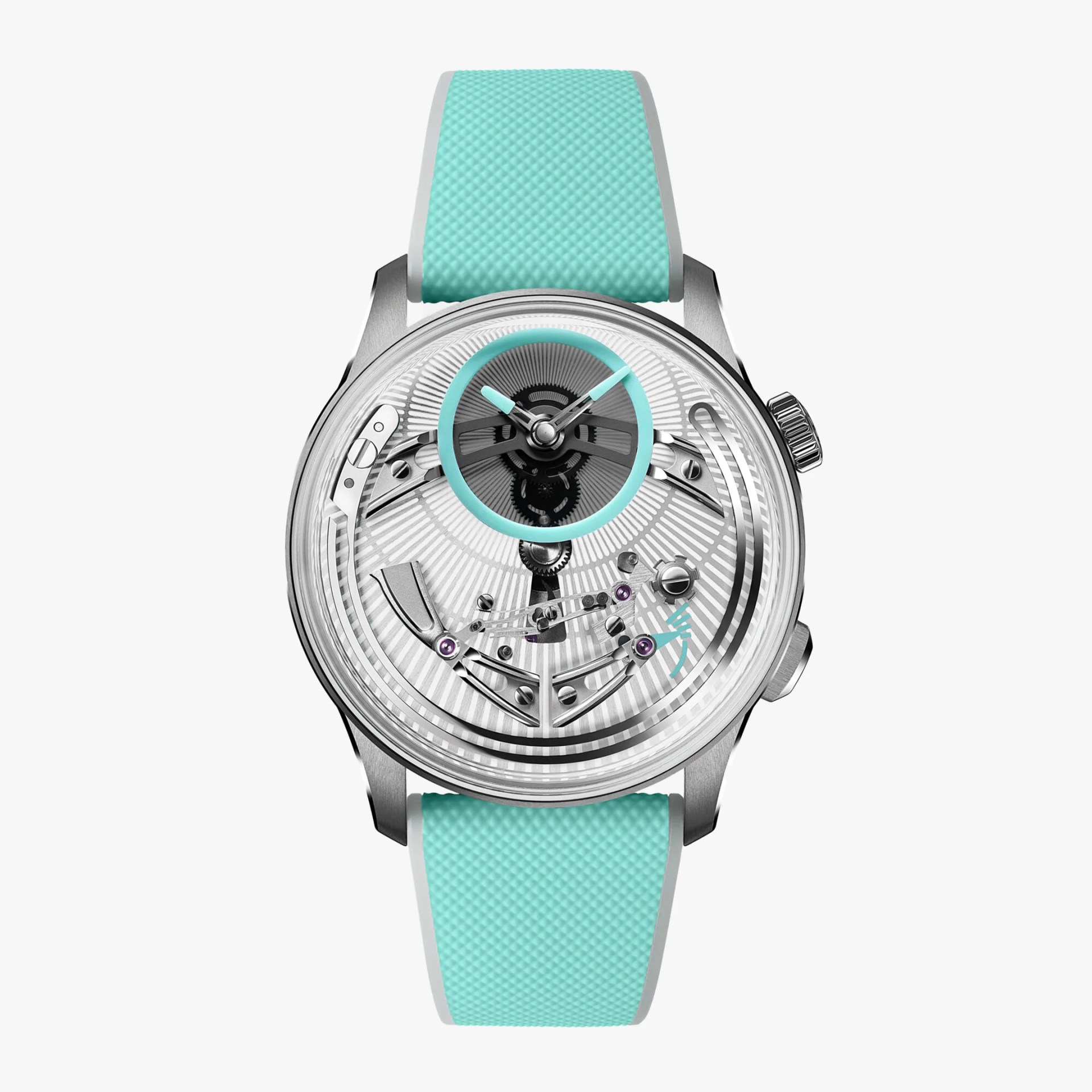 Silver mechanical watch with transparent dial and turquoise textured rubber strap.
