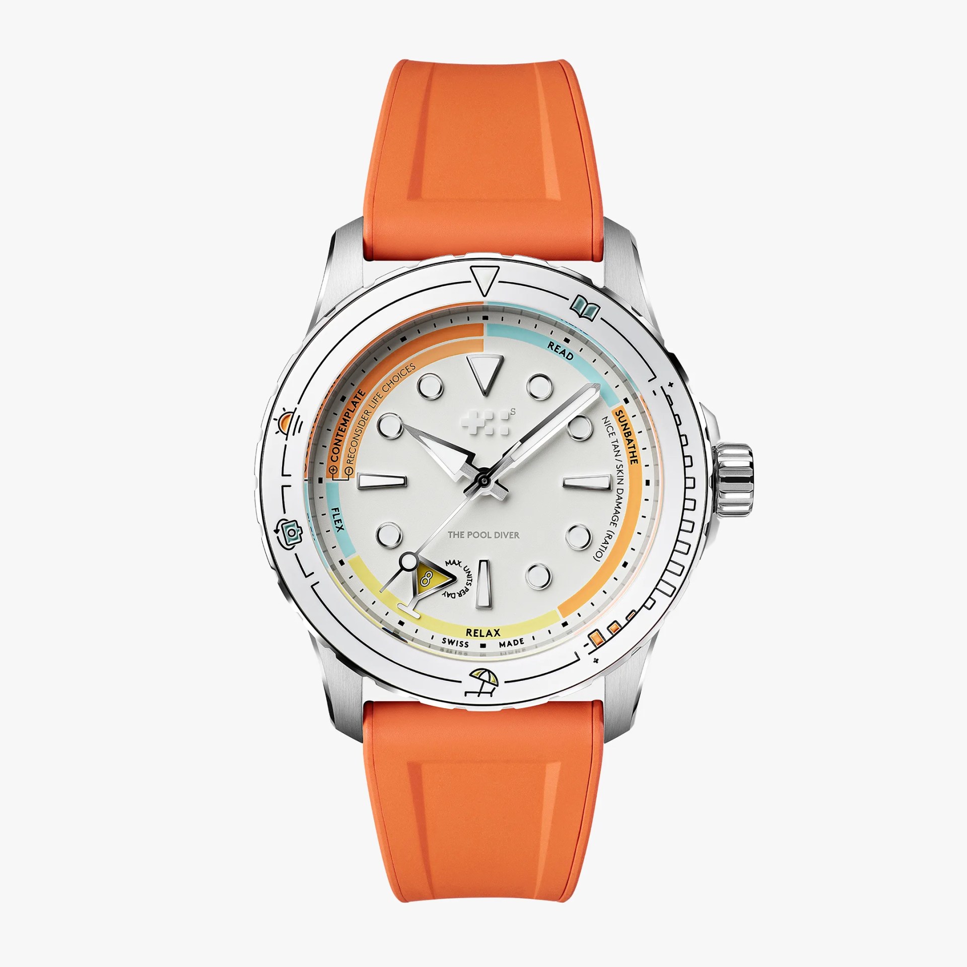 Silver watch with white dial, colorful markers, and orange rubber strap.