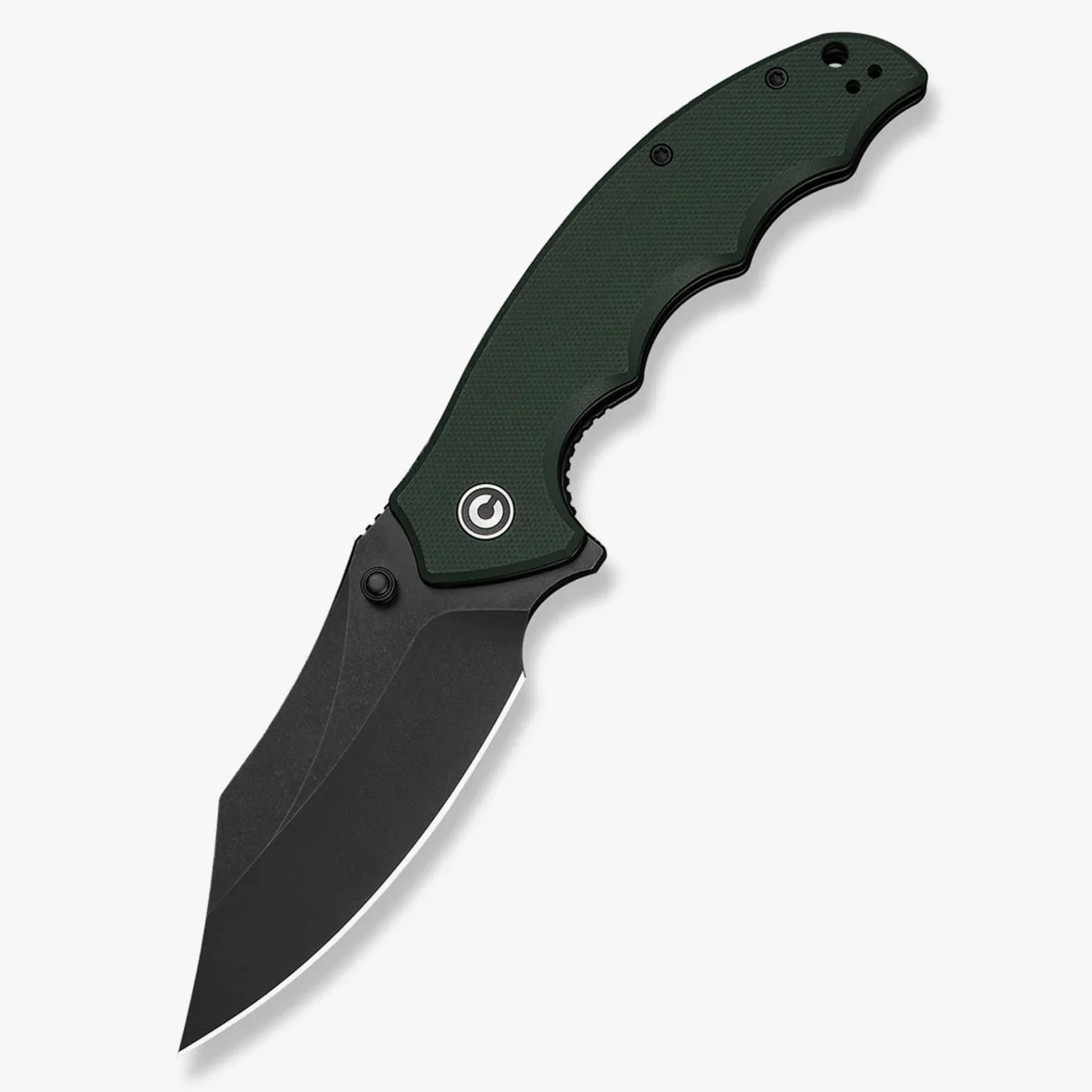 Black folding knife with textured dark green handle and finger grooves.