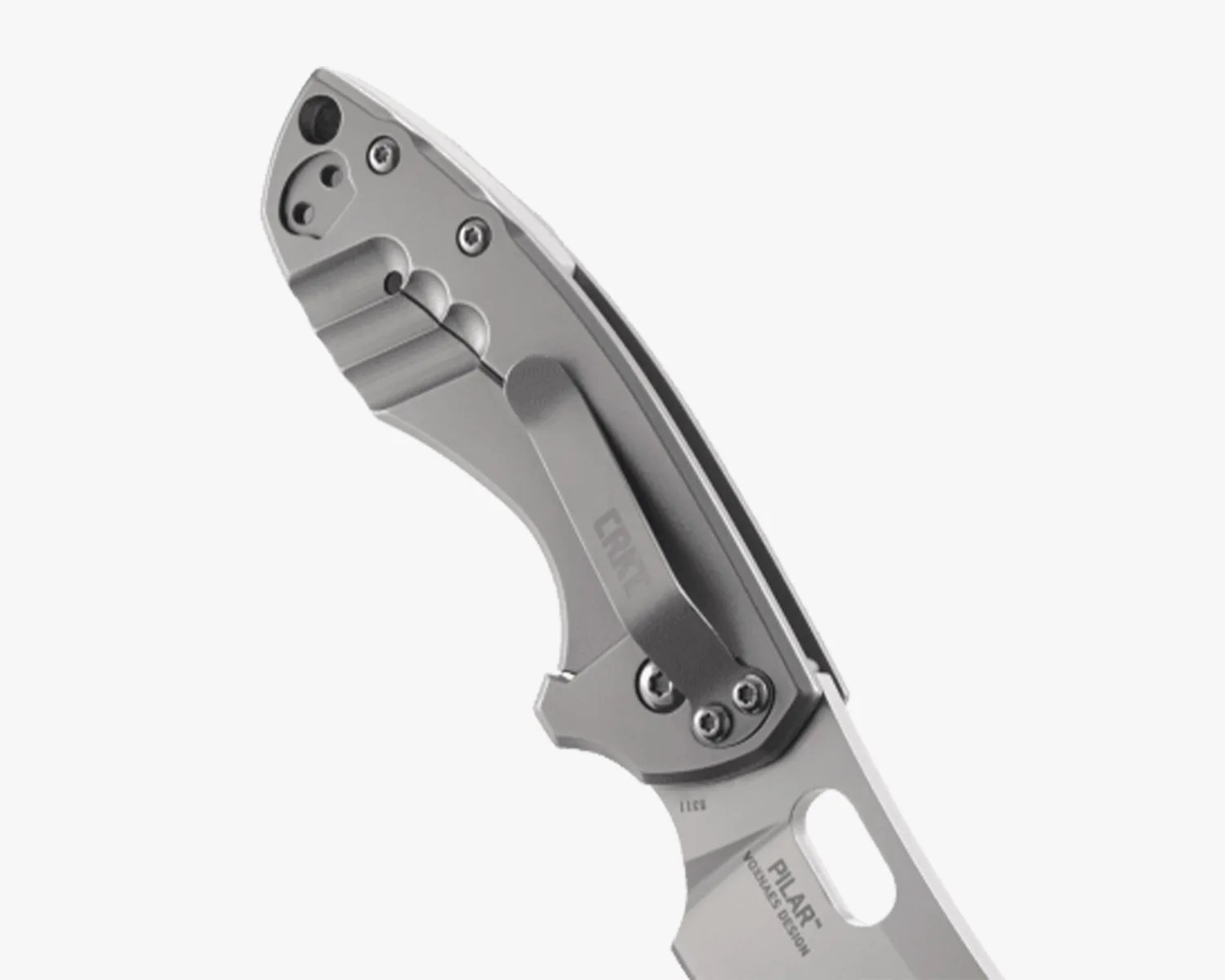 Close-up of a silver folding knife handle with a pocket clip and visible screws.