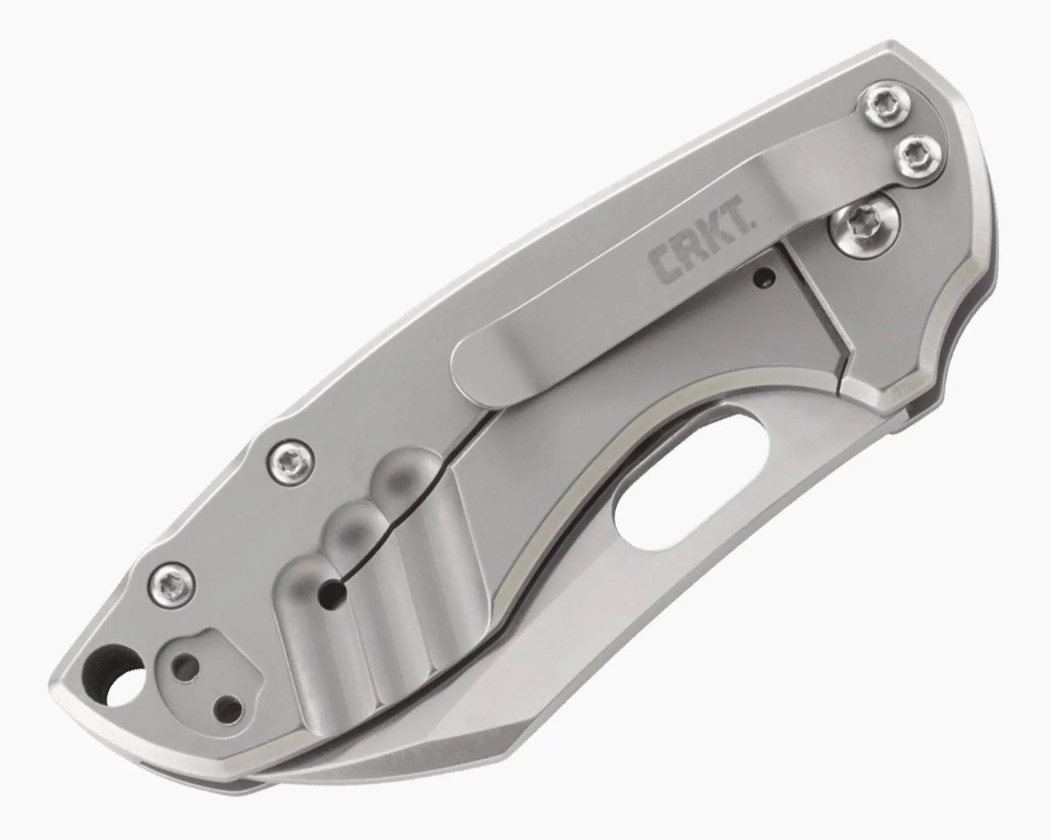 Closed silver folding pocket knife with a clip labeled "CRKT.