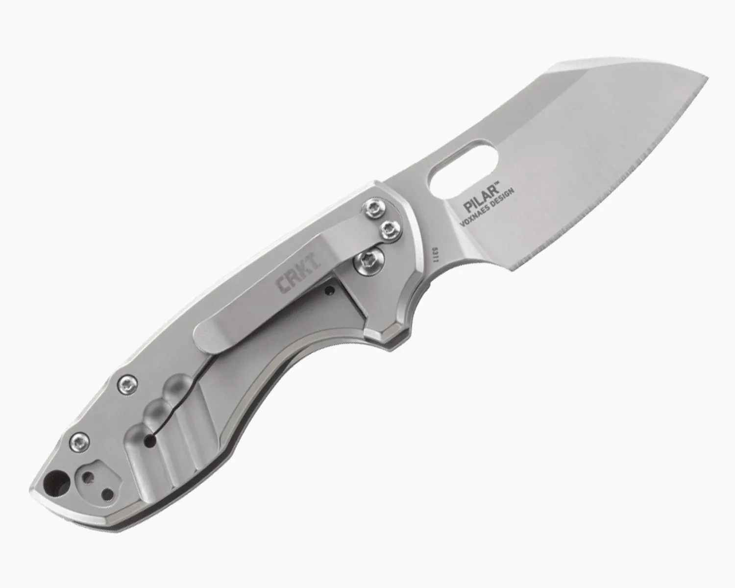 Silver folding pocket knife with clip and short wide blade labeled "PILAR VOXNAES DESIGN.
