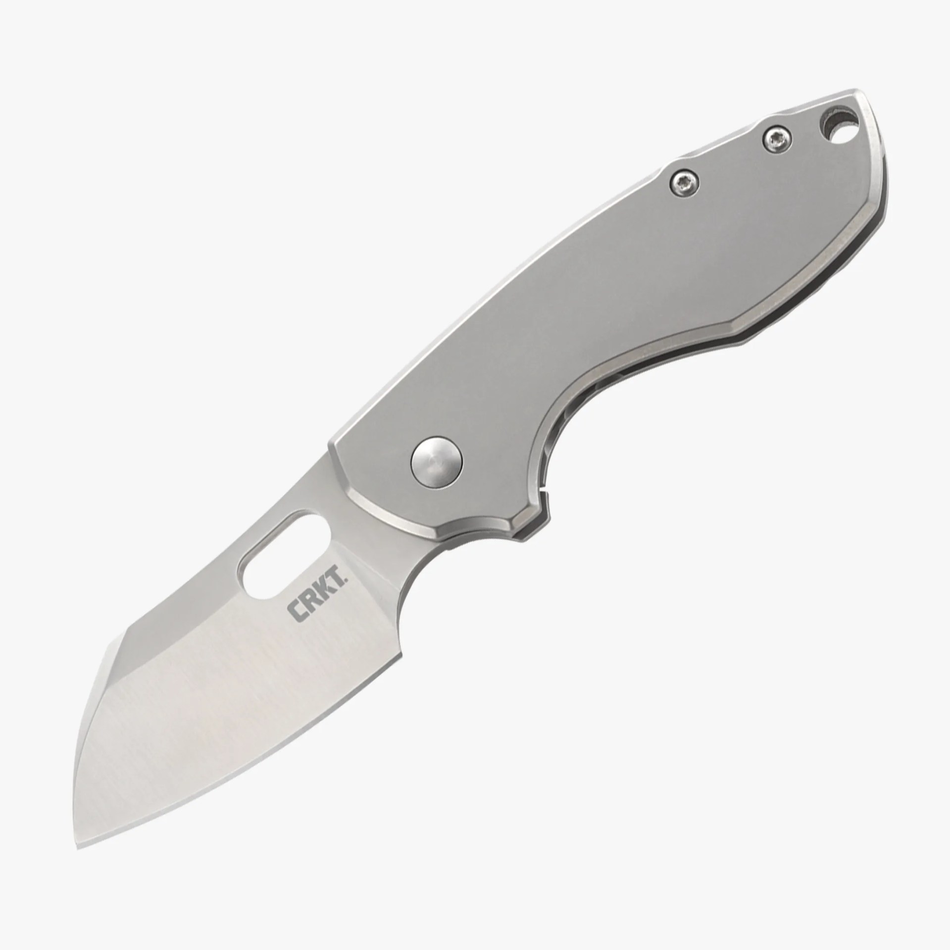 Silver folding knife with a short blade and a handle featuring screws and a lanyard hole.