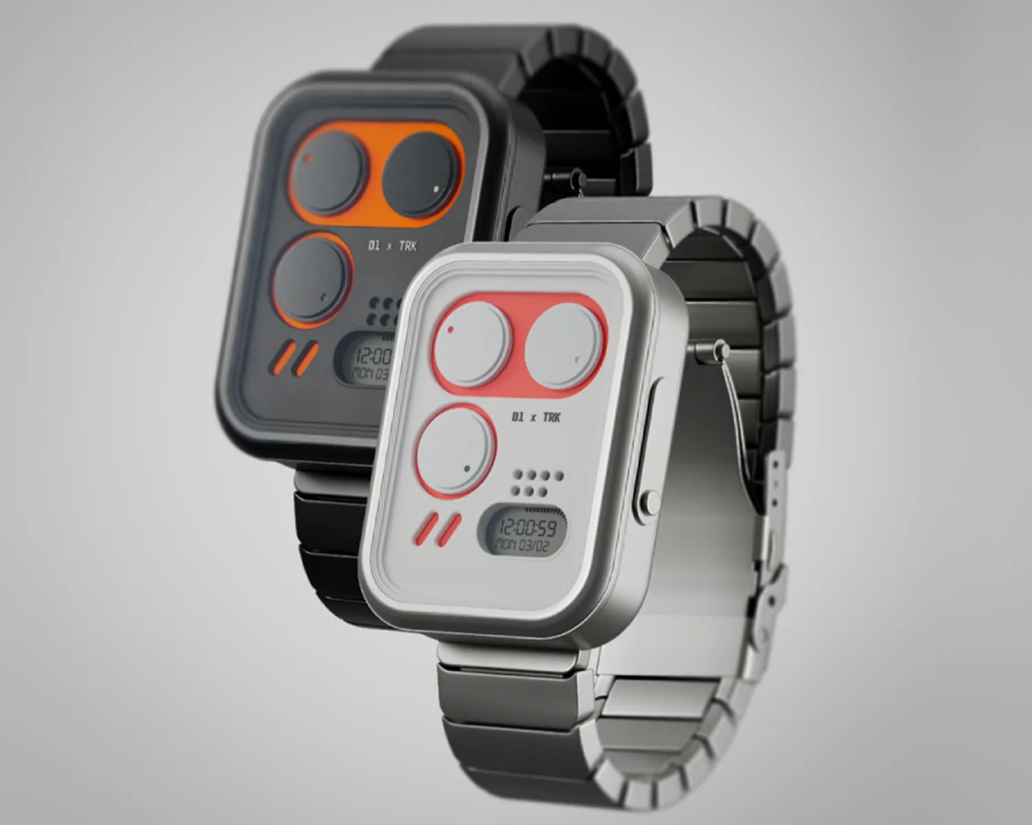 Two digital watches with rectangular faces, one in silver with red accents and one in black with orange accents, both with metal link bands.