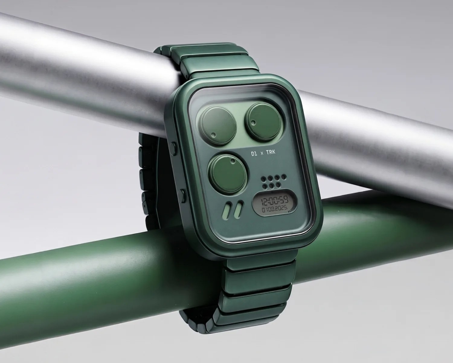 Green digital wristwatch with three large circular discs and a small screen displaying time and date.
