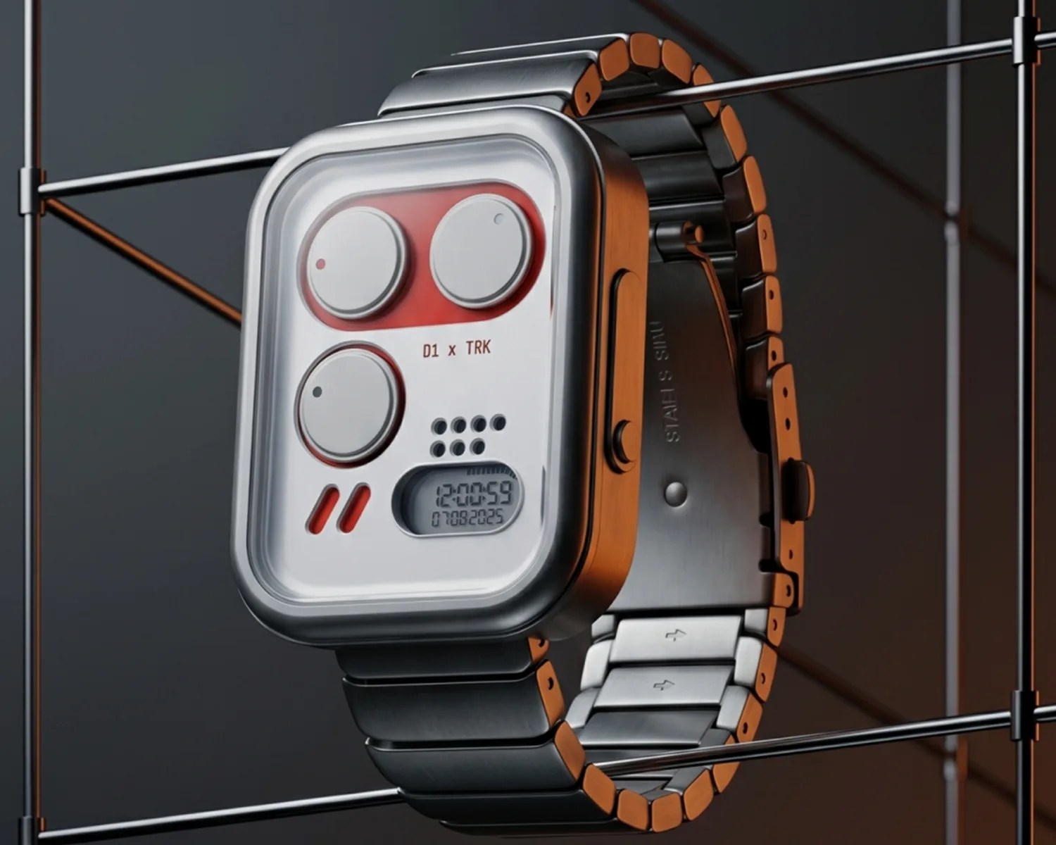 Silver metal watch with three large circular discs and a small digital display showing time and date.