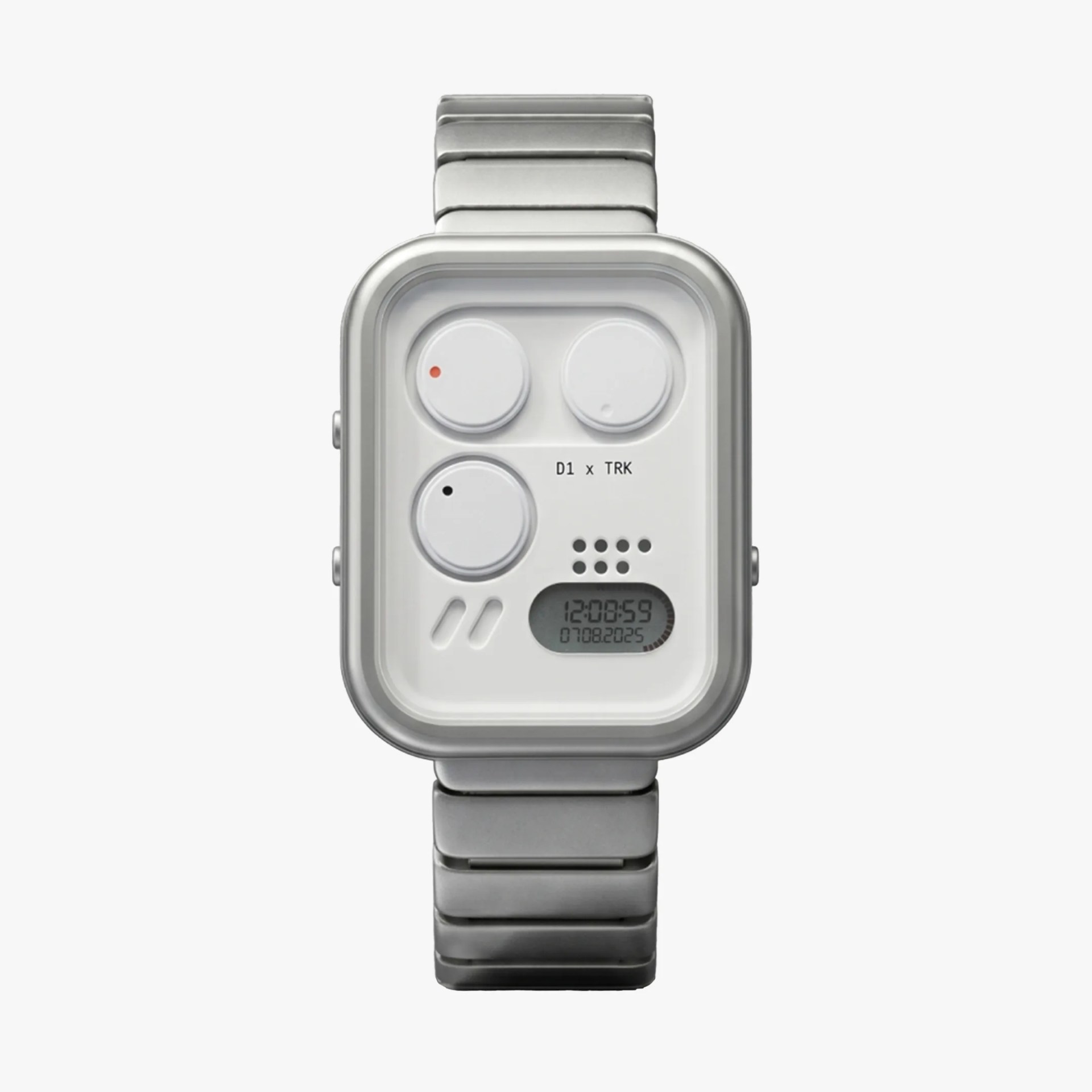 Silver metal wristwatch with a rectangular face featuring three round dials and a digital display.