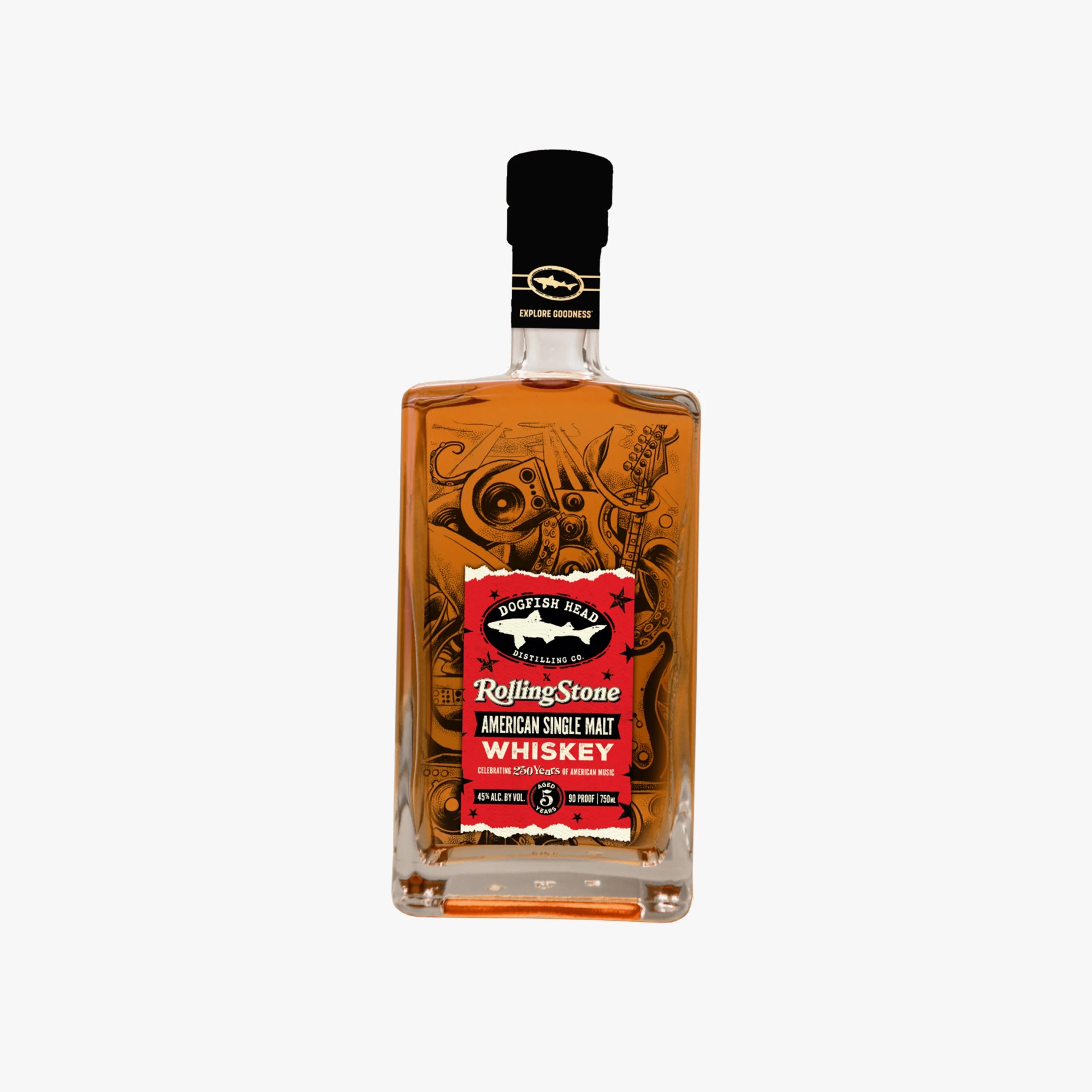Rectangular bottle of amber whiskey with black cap and red label featuring Dogfish Head and Rolling Stone logos.