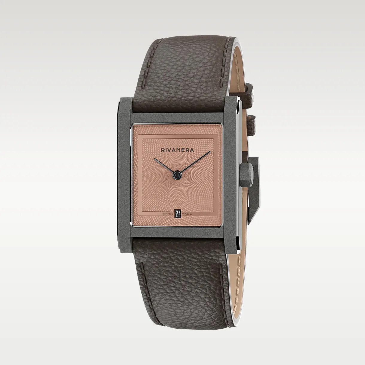 Square wristwatch with a textured rose gold dial, black hands, gray metal case, and dark brown leather strap.