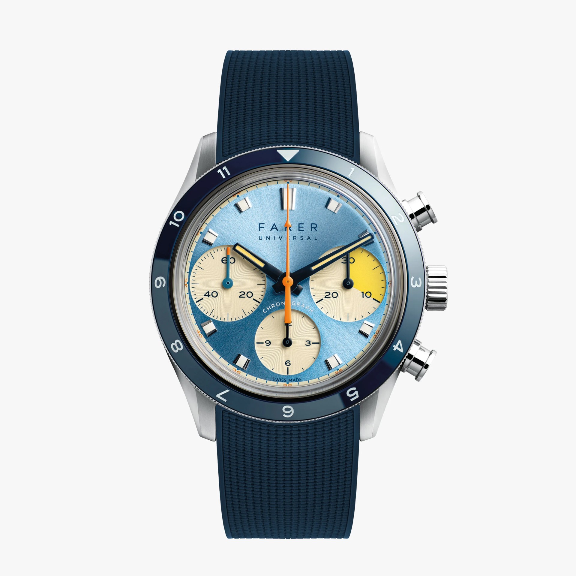Blue chronograph wristwatch with textured blue strap and silver case, featuring three cream subdials and orange hands.
