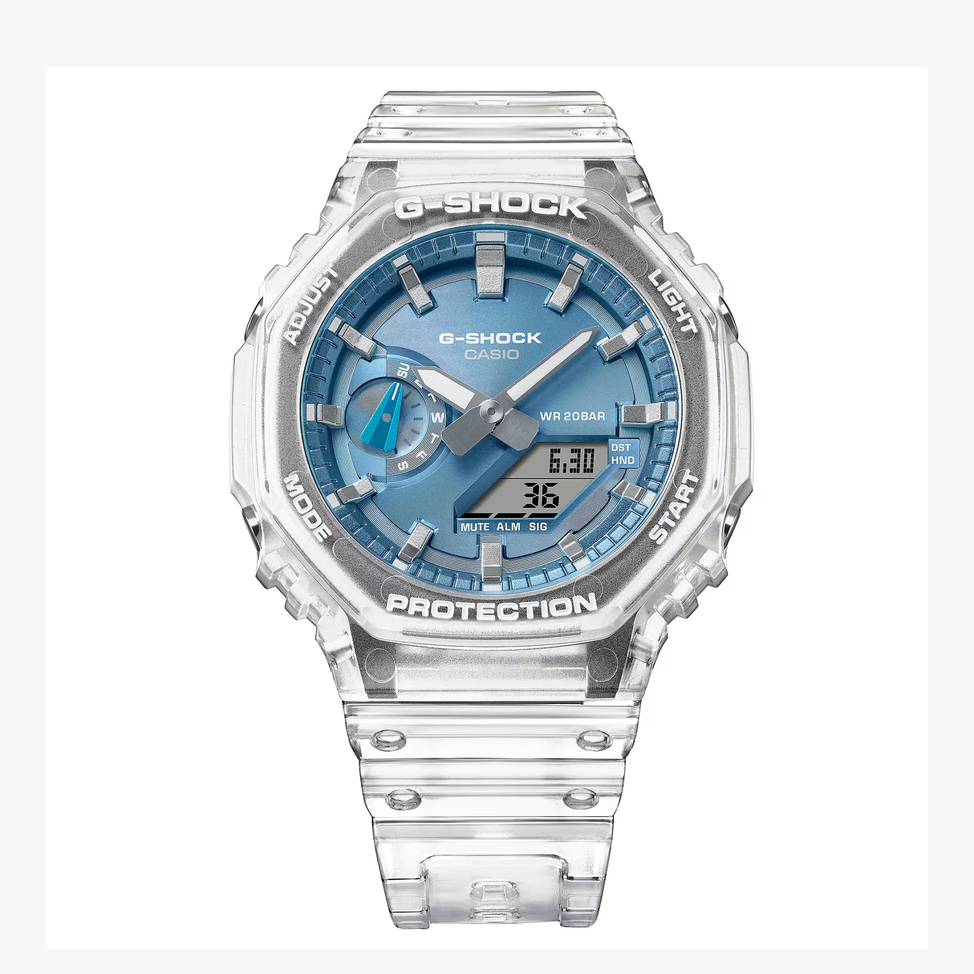 Transparent G-Shock watch with a blue dial and digital display.