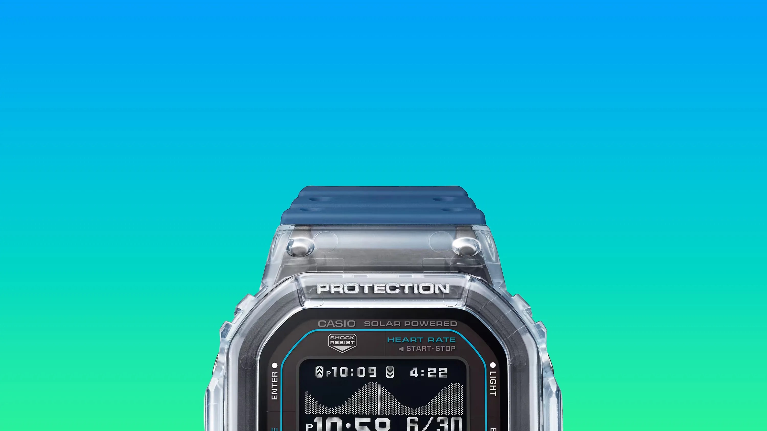 Transparent Casio digital watch with blue strap and heart rate display on screen.