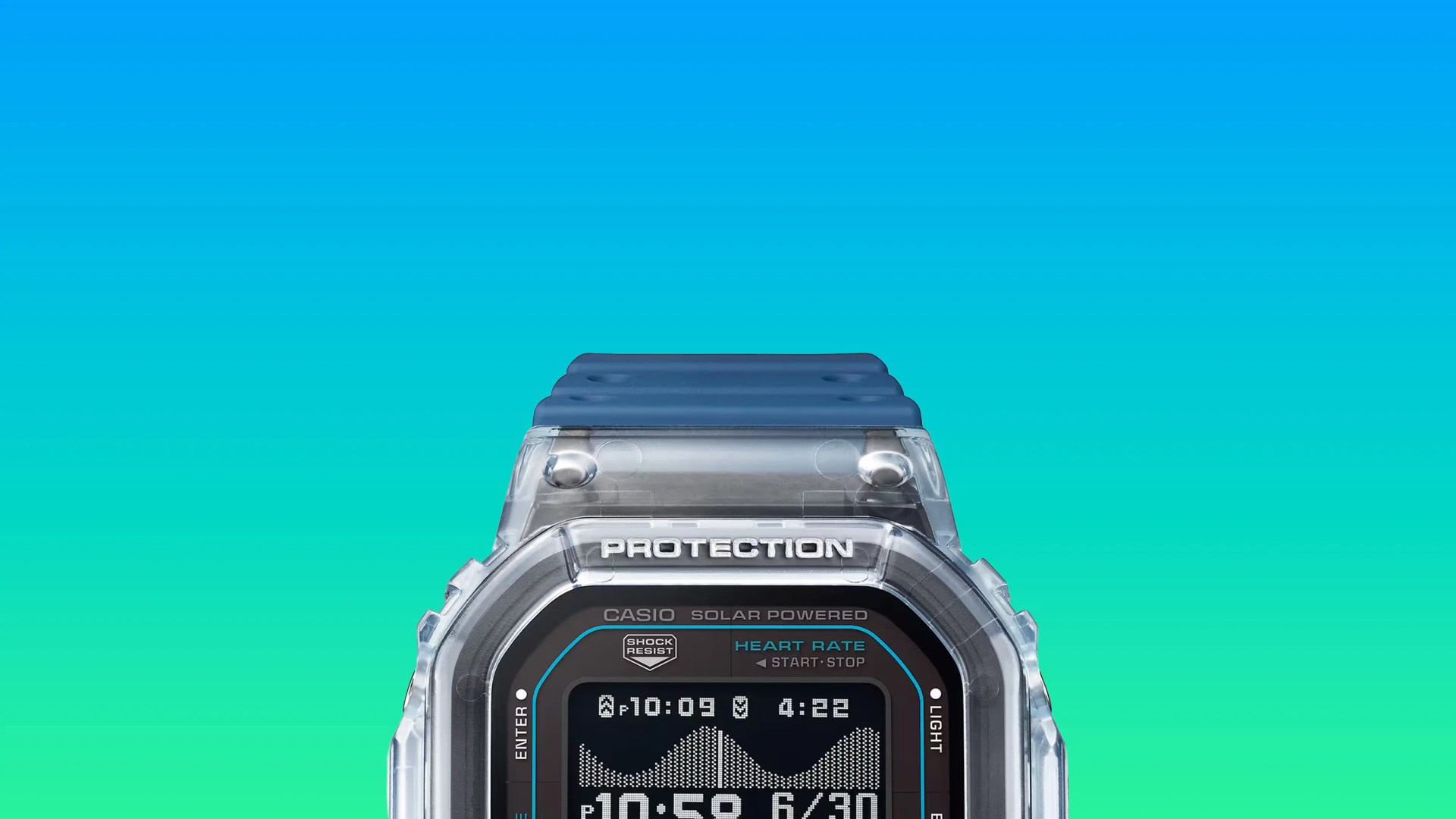 Transparent Casio digital watch with blue strap and heart rate display on screen.