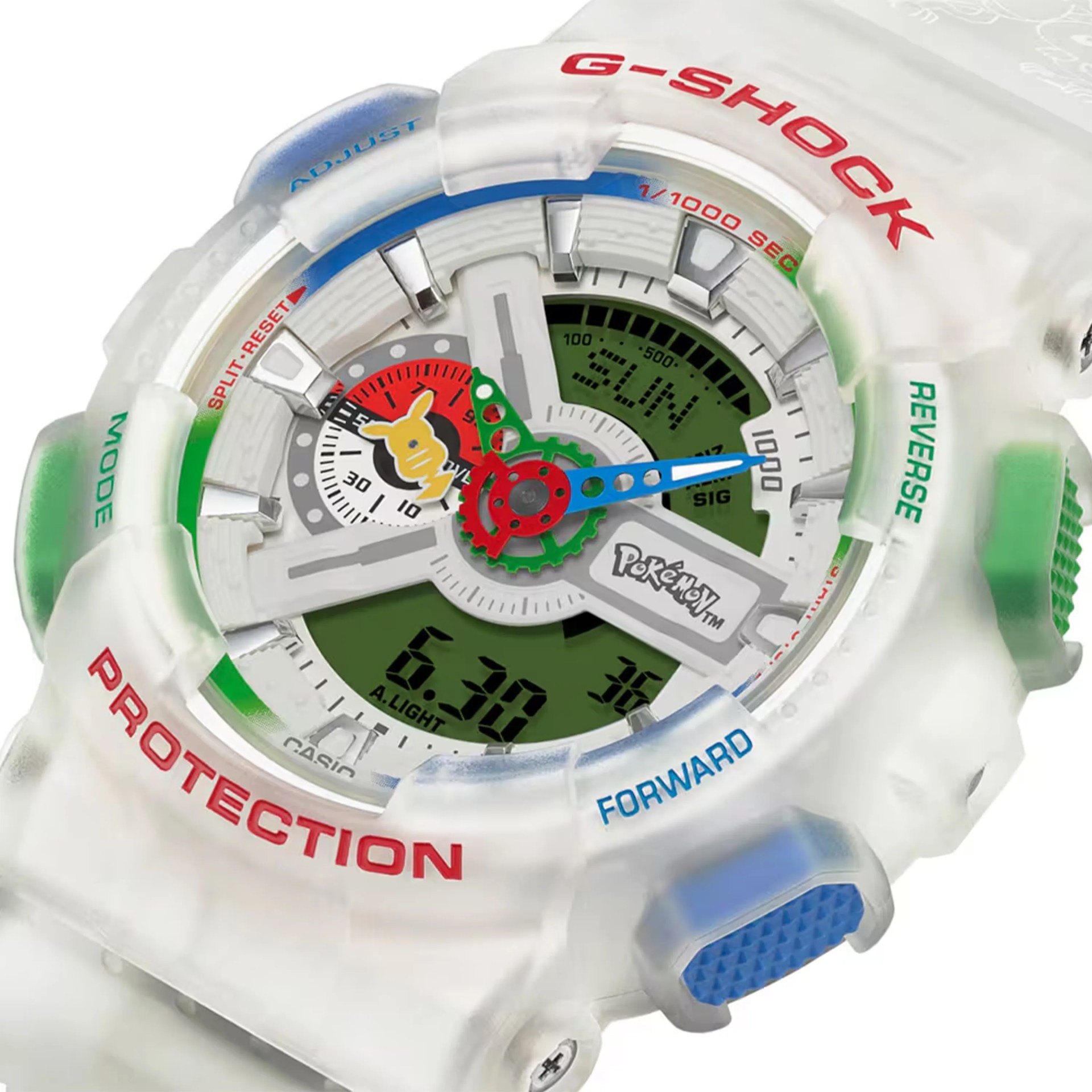 Close-up of a translucent G-Shock watch face with Pok&eacute;mon-themed hands and colorful buttons.