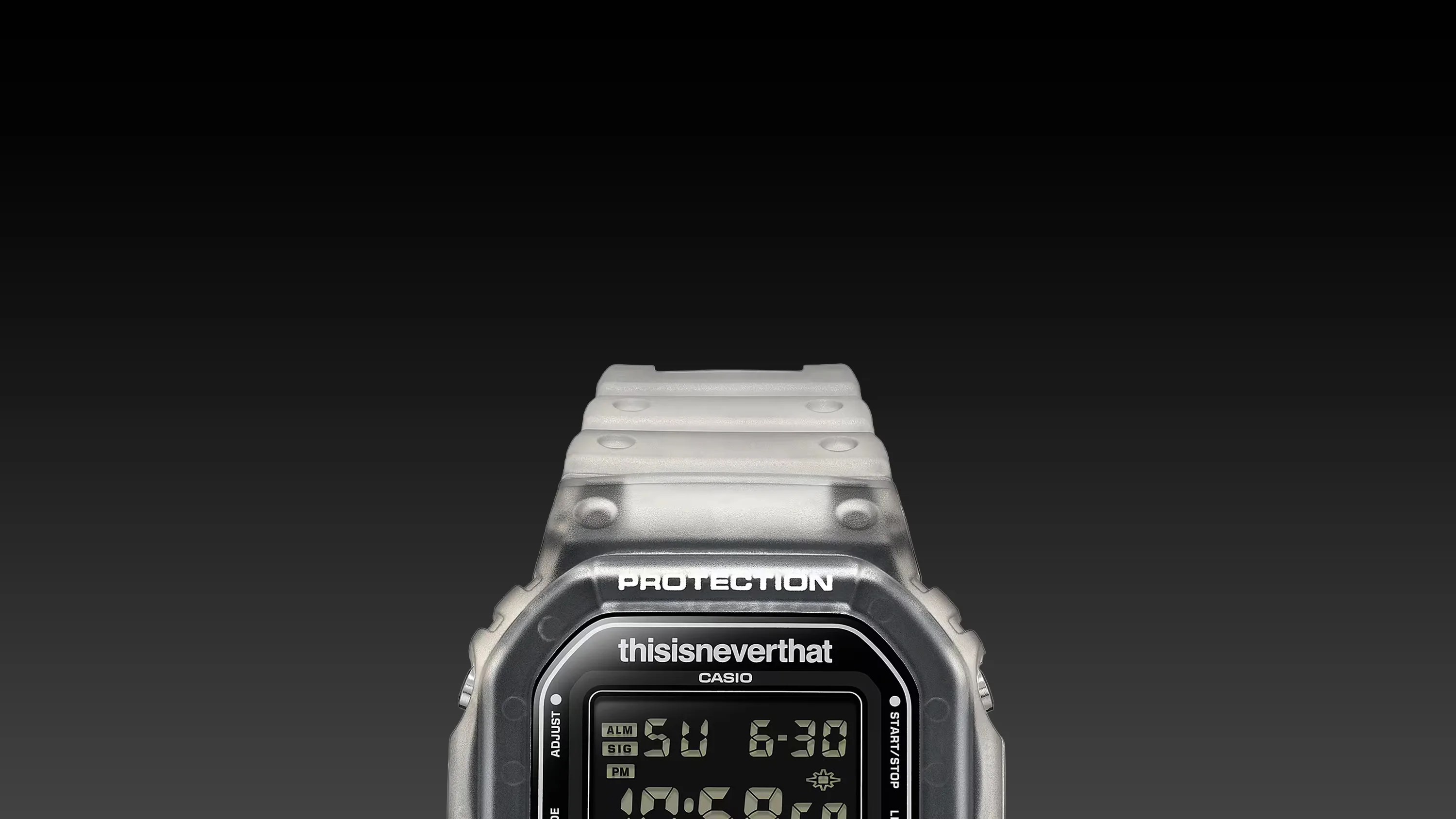 Digital Casio watch with a translucent frosted strap and "thisisneverthat" branding on the face.