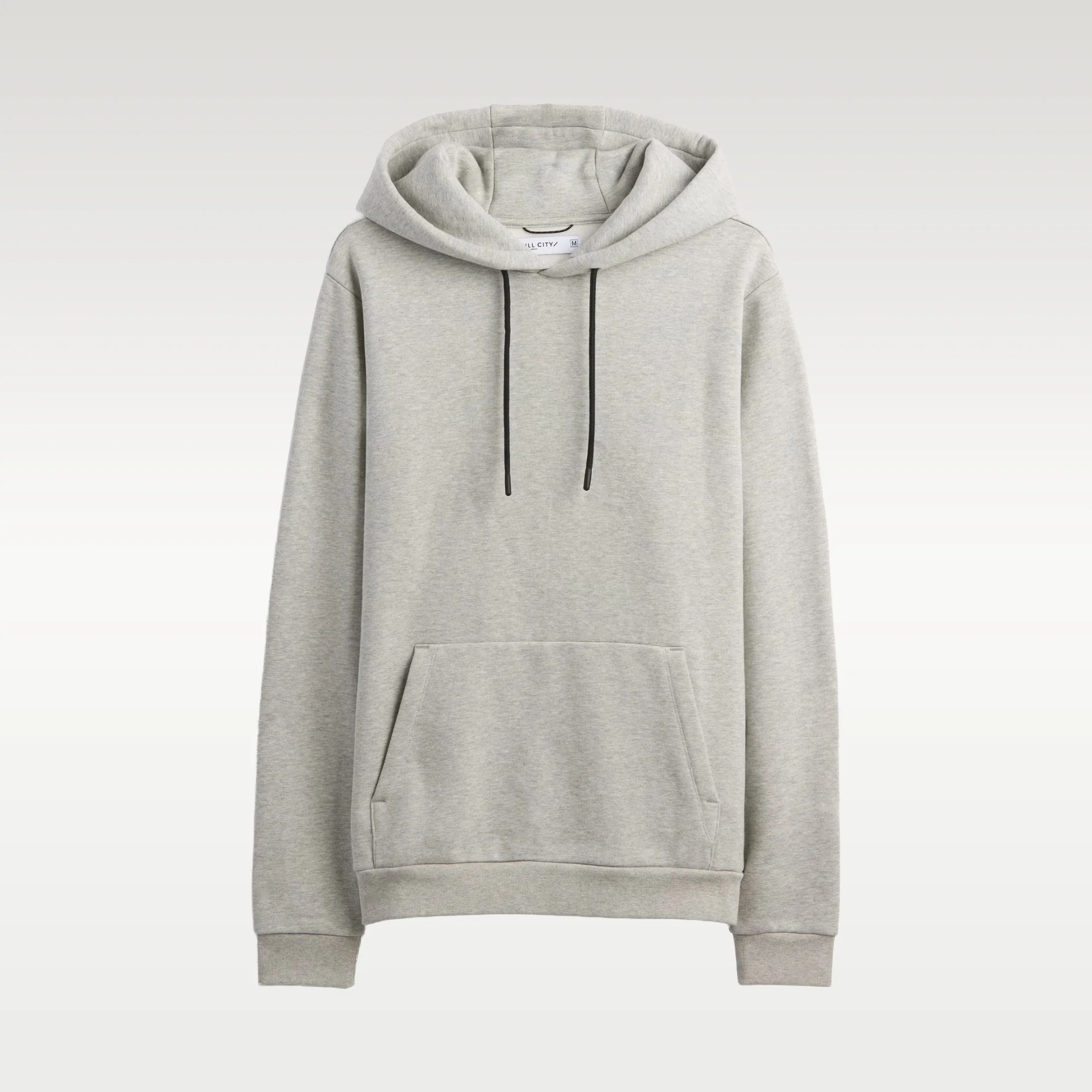 Light gray pullover hoodie with black drawstrings and front kangaroo pocket.