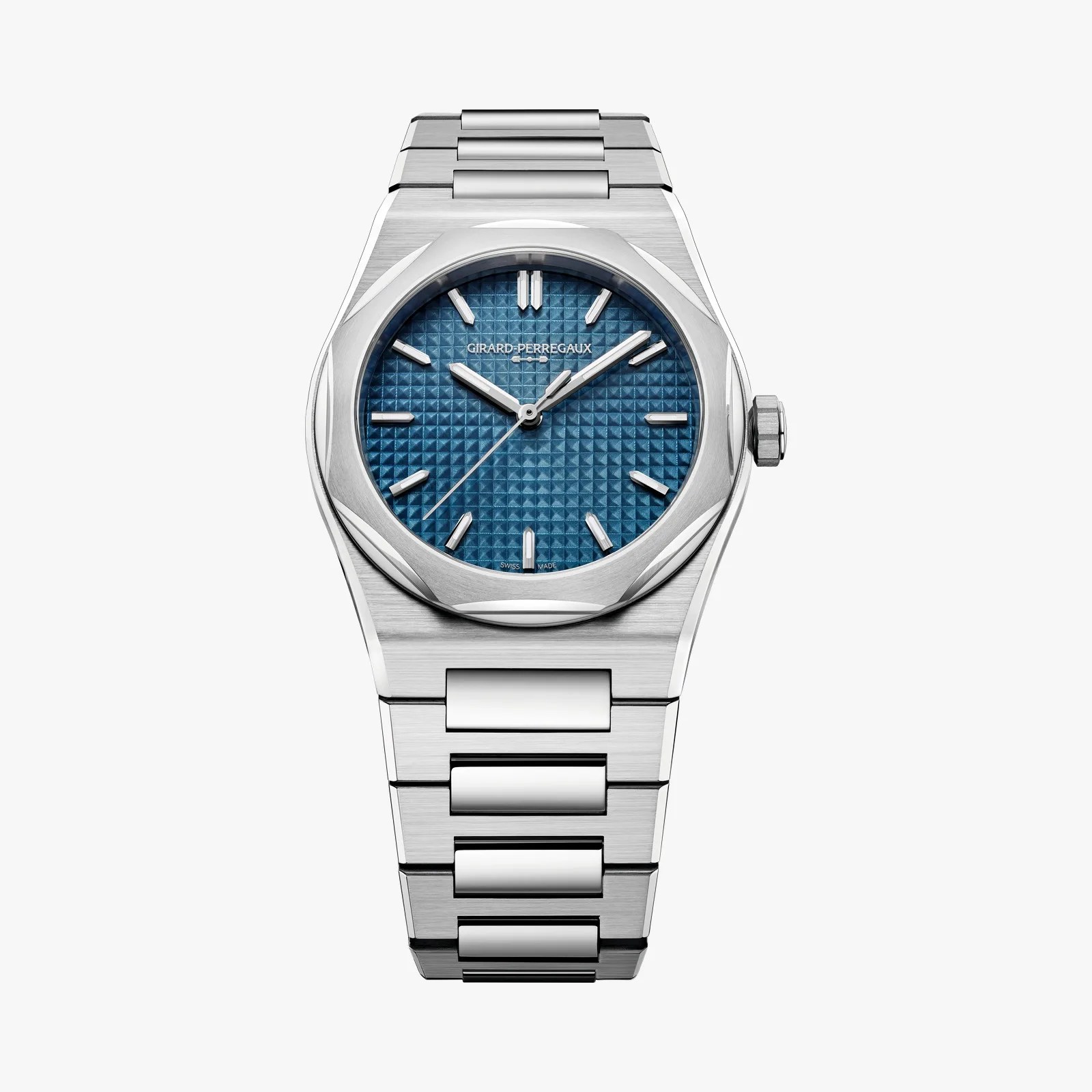 Stainless steel Girard-Perregaux wristwatch with a textured blue dial and silver hour markers and hands.