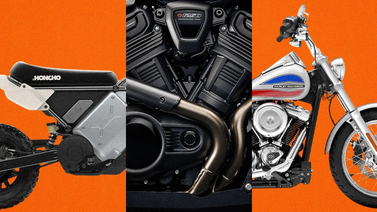 Three close-up sections of motorcycles on an orange background: left shows a black and silver electric bike seat labeled "HONCHO," center shows a black engine with "1250" badge, right shows a silver Harley-Davidson fuel tank and front wheel.