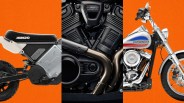 Three close-up sections of motorcycles on an orange background: left shows a black and silver electric bike seat labeled "HONCHO," center shows a black engine with "1250" badge, right shows a silver Harley-Davidson fuel tank and front wheel.