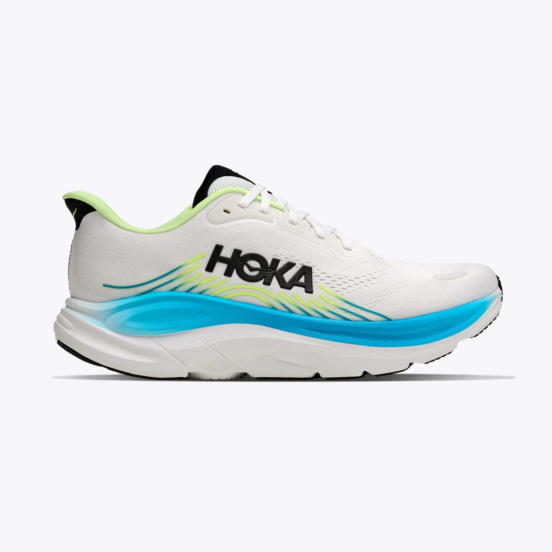 White HOKA running shoe with neon green accents and a bright blue midsole.