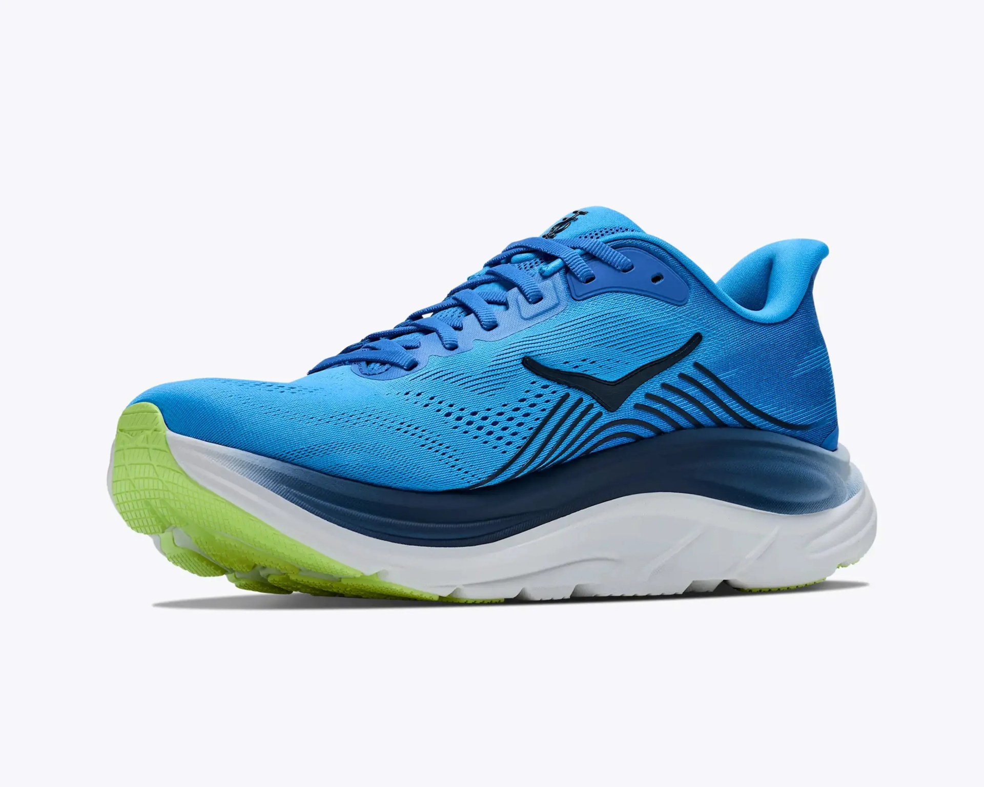 Blue running shoe with black logo, green sole, and white midsole on a white background.
