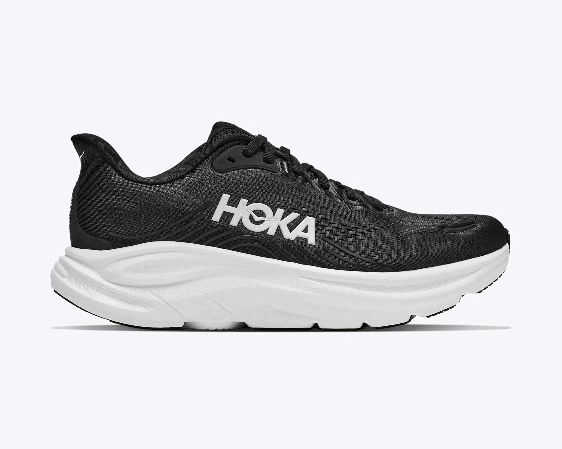 Black Hoka running shoe with white thick sole and white Hoka logo on the side.
