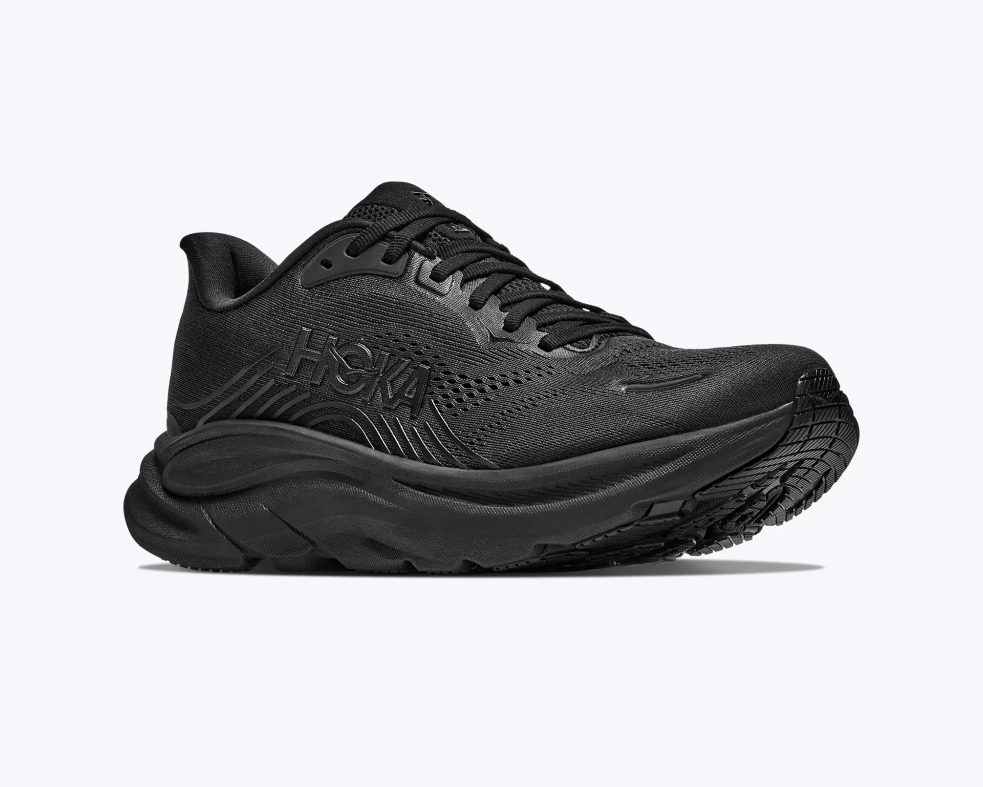 All-black Hoka running shoe with mesh upper and thick cushioned sole.
