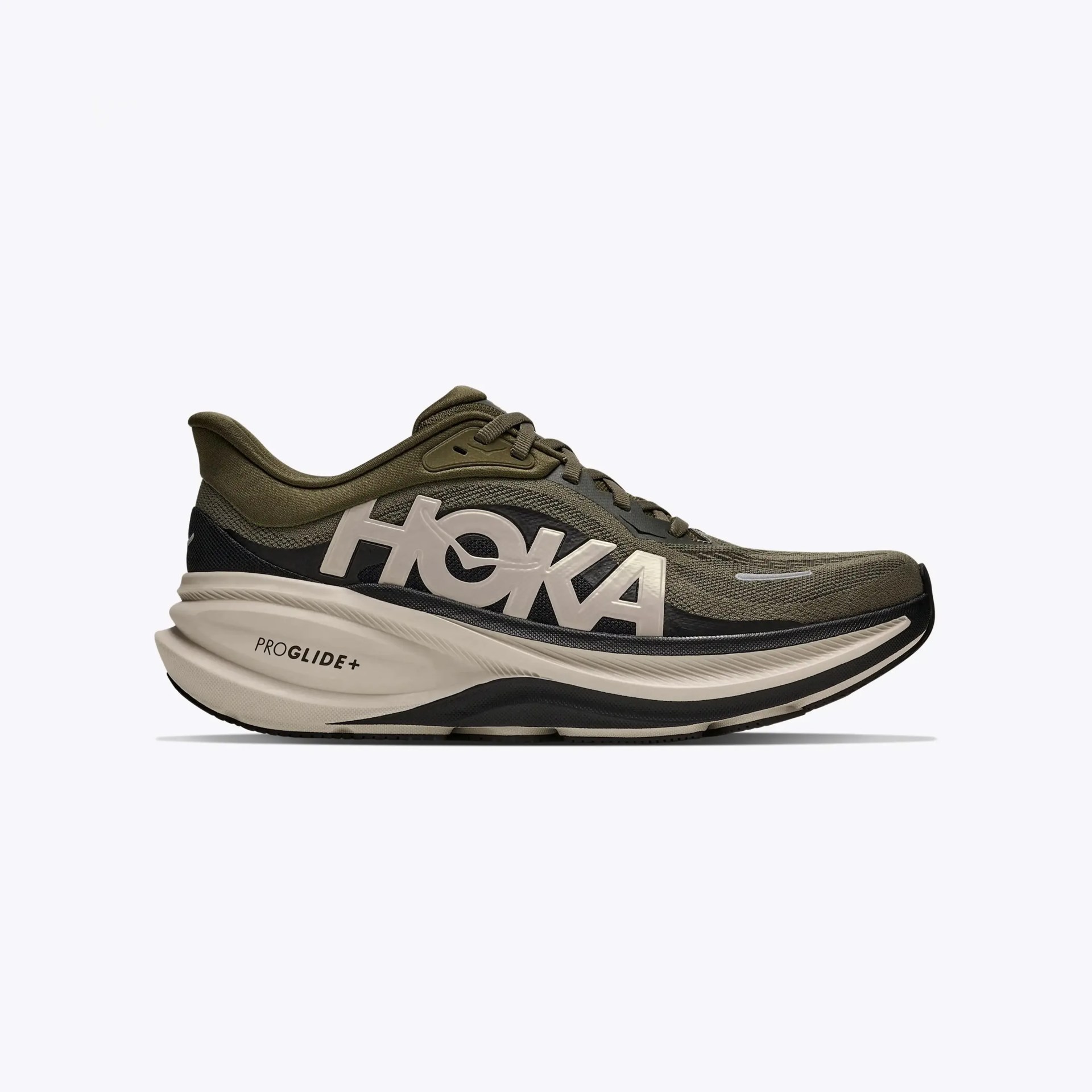 Olive green and black Hoka running shoe with thick beige sole labeled "PROGLIDE+" on a white background.