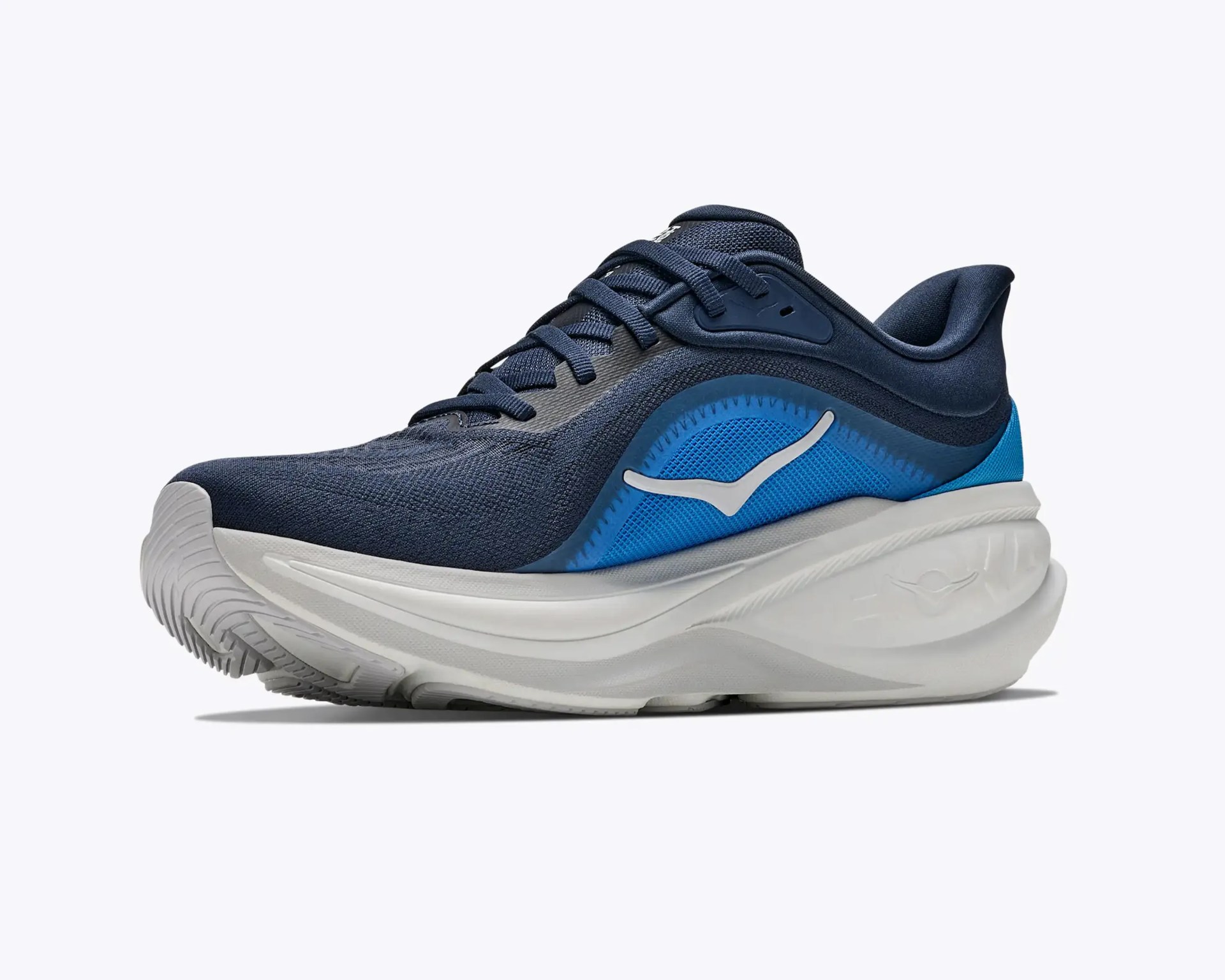 Navy blue and bright blue athletic shoe with white sole and white logo on side.