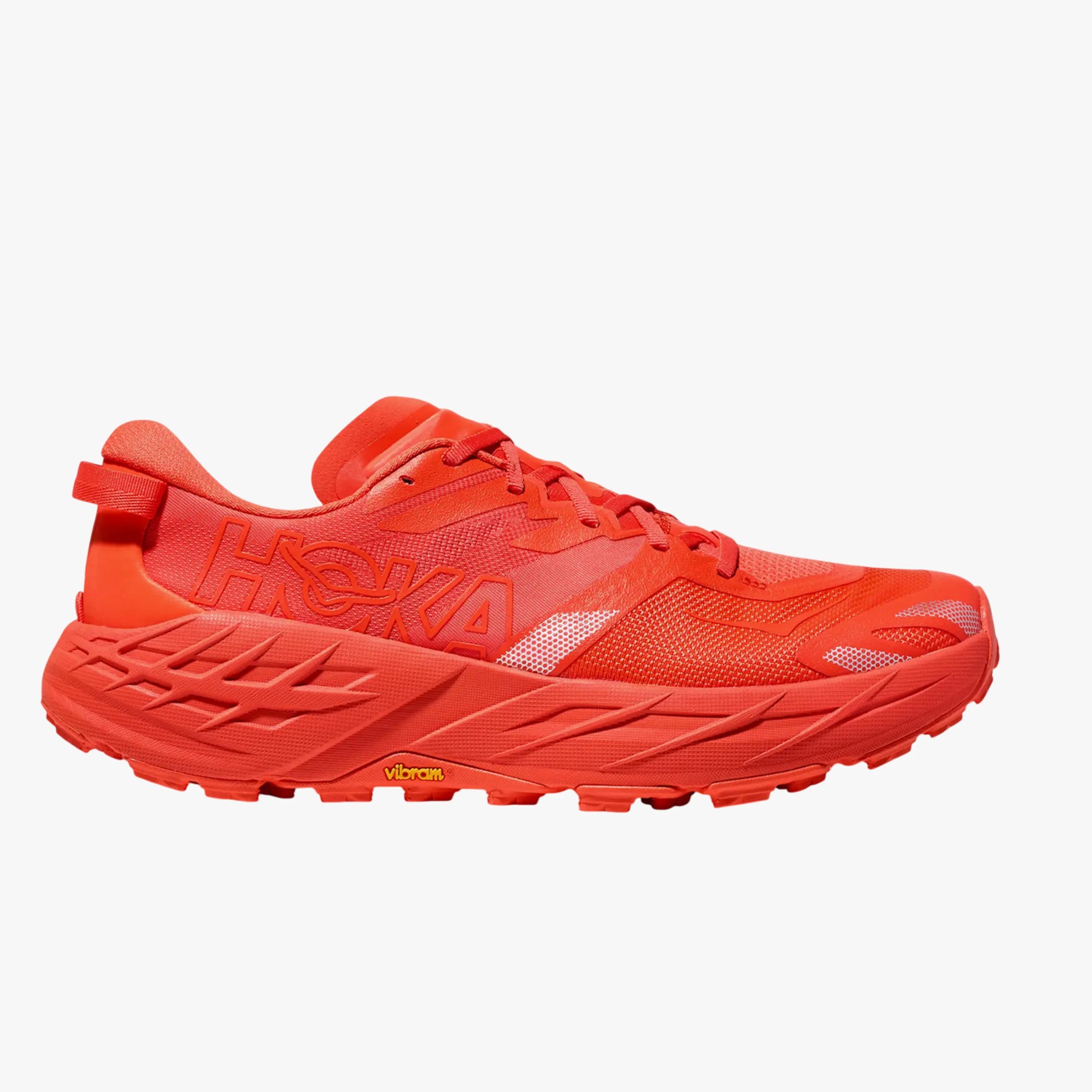 Bright red Hoka running shoe with mesh upper and thick Vibram sole.