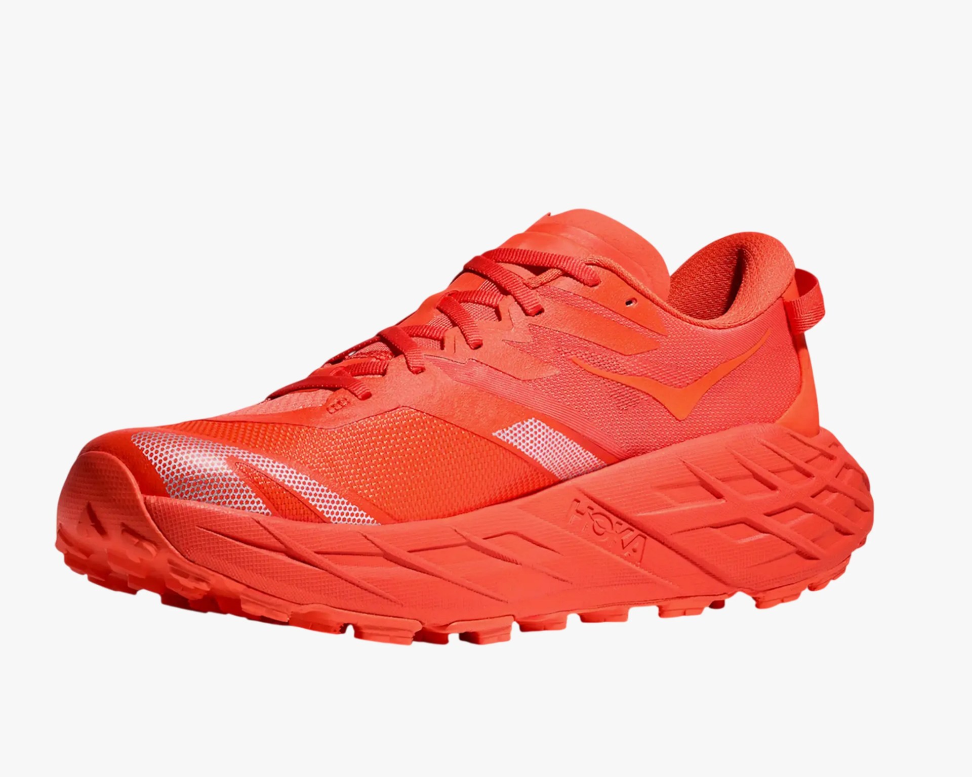 Bright red athletic shoe with mesh upper, thick cushioned sole, and pull tab on the heel.