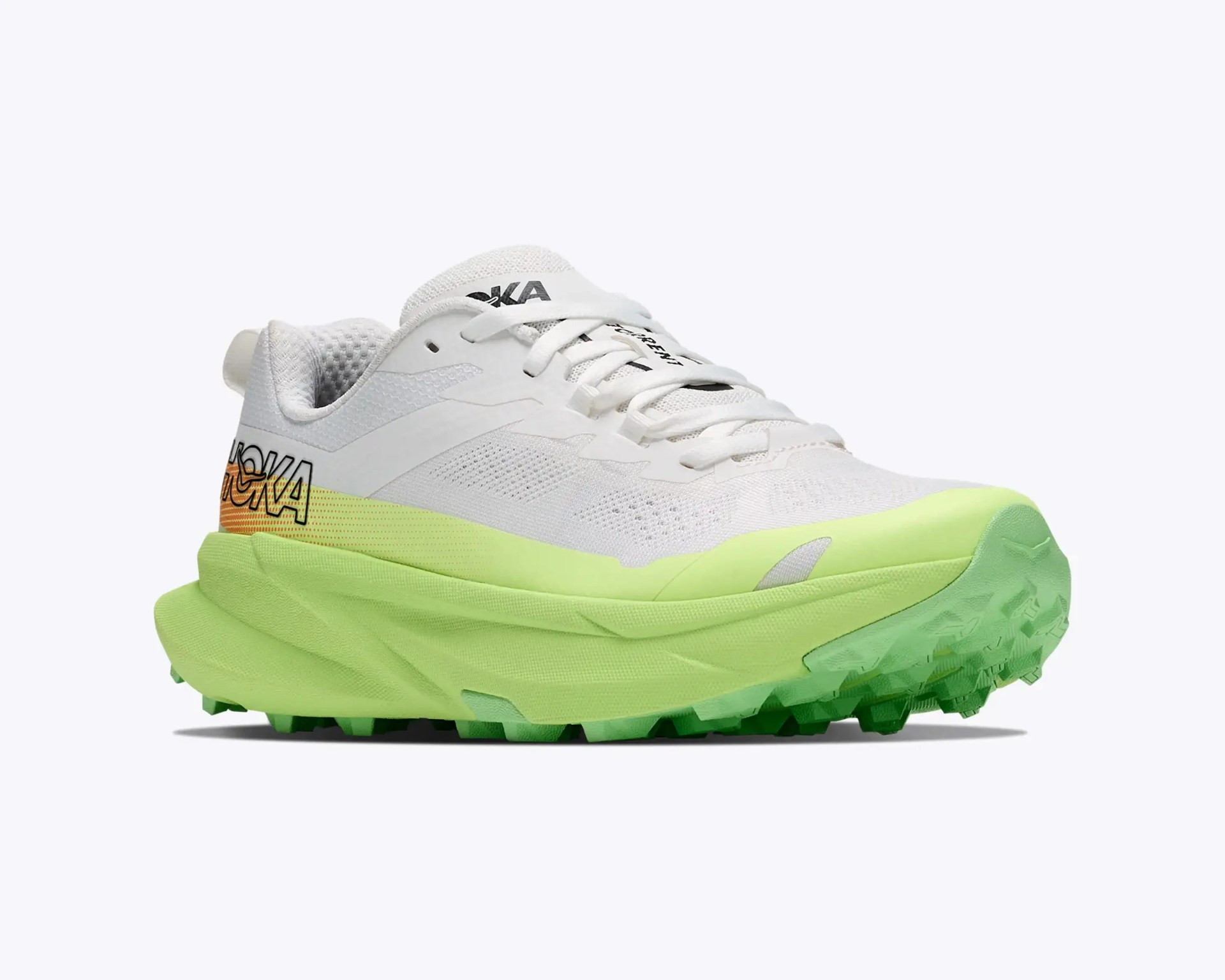 White and neon green Hoka running shoe with thick sole and black logo on the heel.