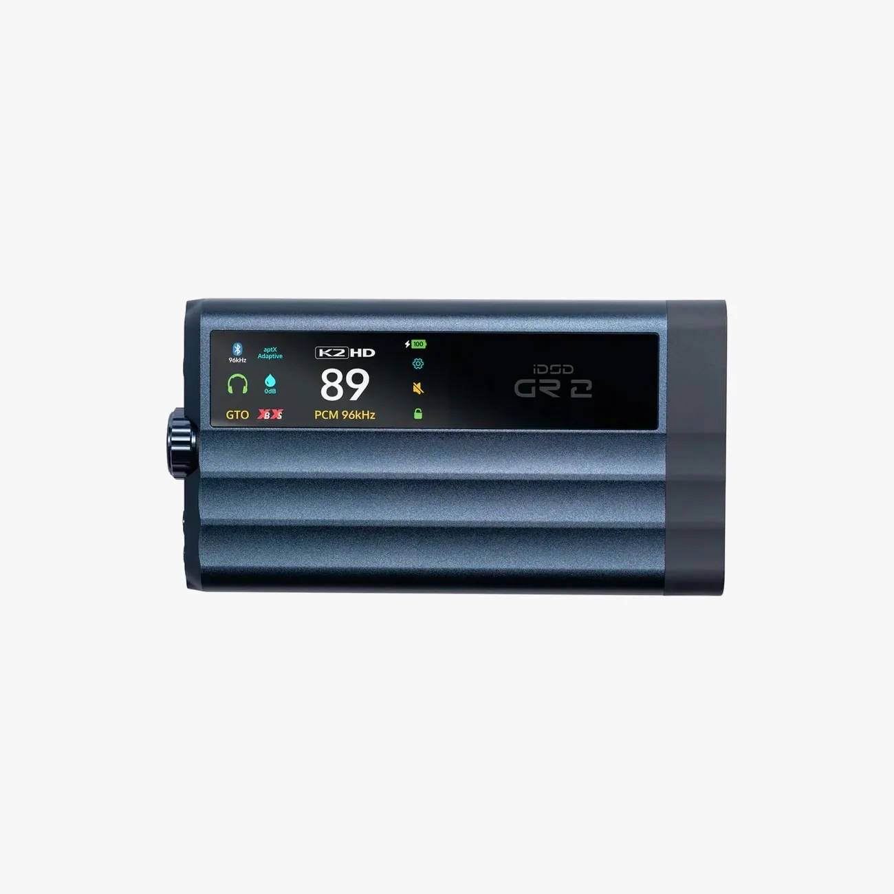 Rectangular dark blue digital audio player with a screen displaying "KZ HD 89 PCM 96kHz" and control icons.