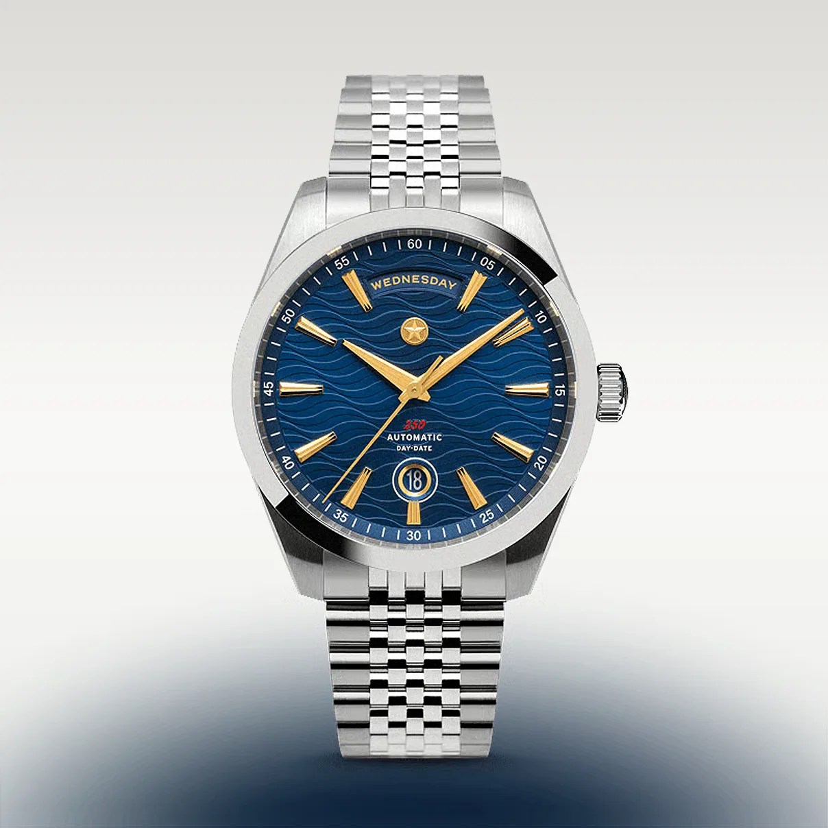 Silver metal wristwatch with a blue textured dial, gold hour markers and hands, and day-date display.