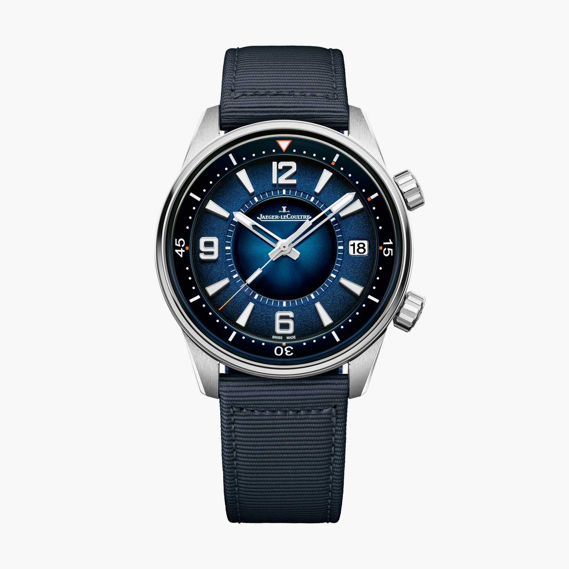 Round stainless steel Jaeger-LeCoultre watch with blue textured dial and navy fabric strap.