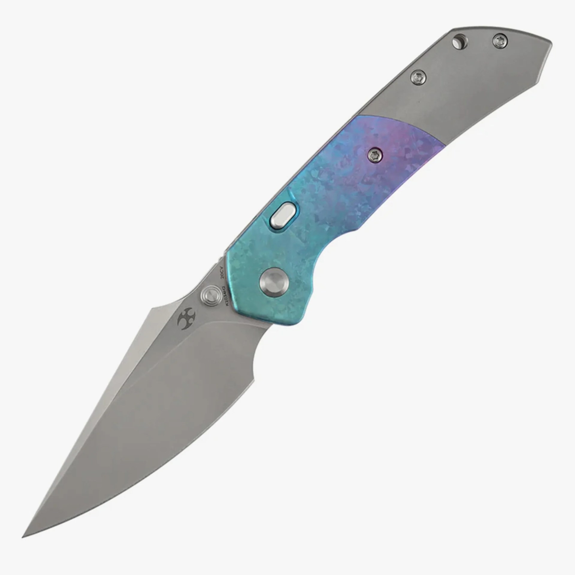 Folding knife with a gray blade and a handle featuring a blue to purple gradient finish.