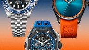 Three wristwatches: top left silver Rolex GMT-Master II with black and blue bezel, top right black watch with blue dial and orange rubber strap, bottom center black and silver watch with blue accents and blue rubber strap.