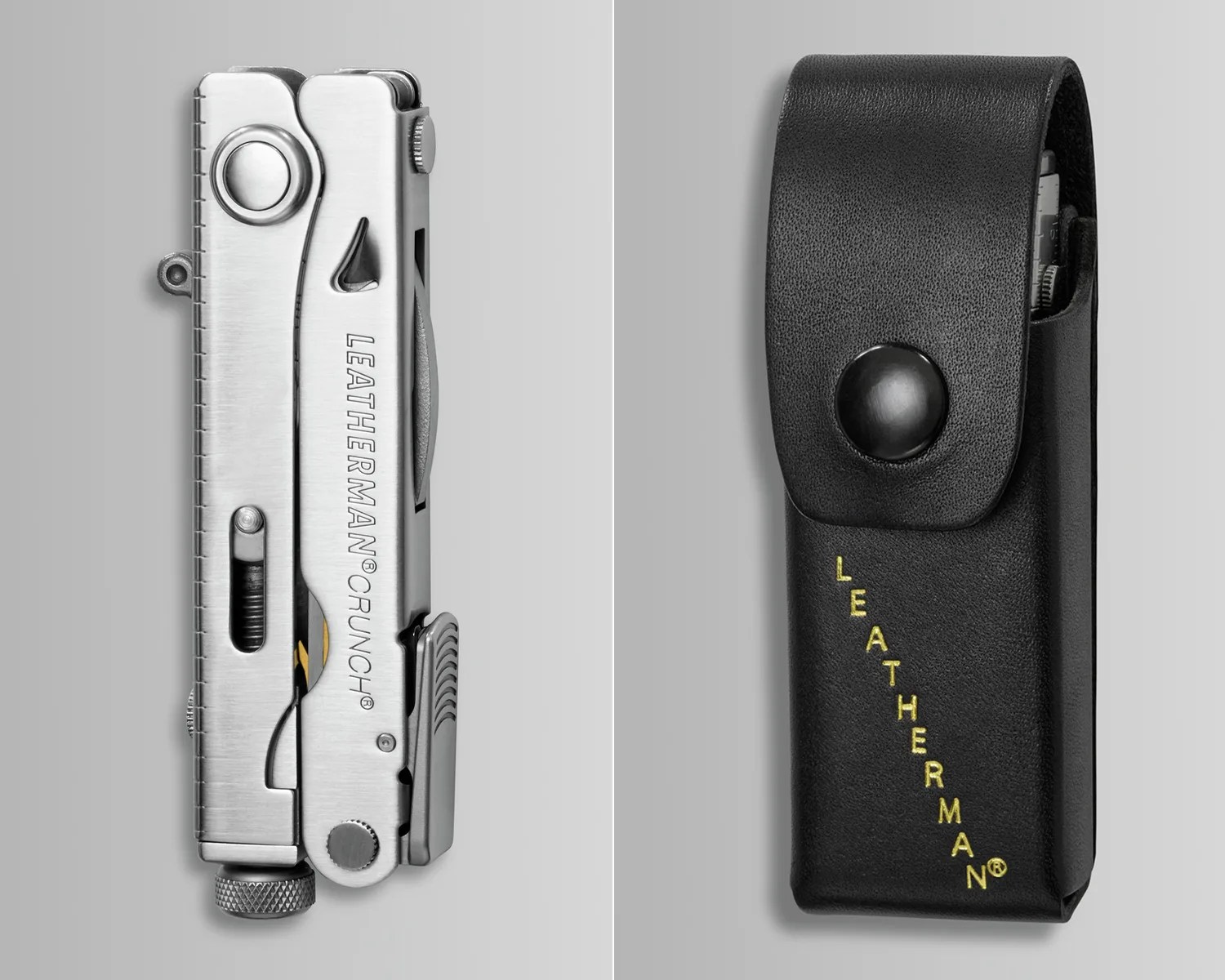 Stainless steel Leatherman Crunch multi-tool next to a black leather Leatherman pouch with yellow logo.