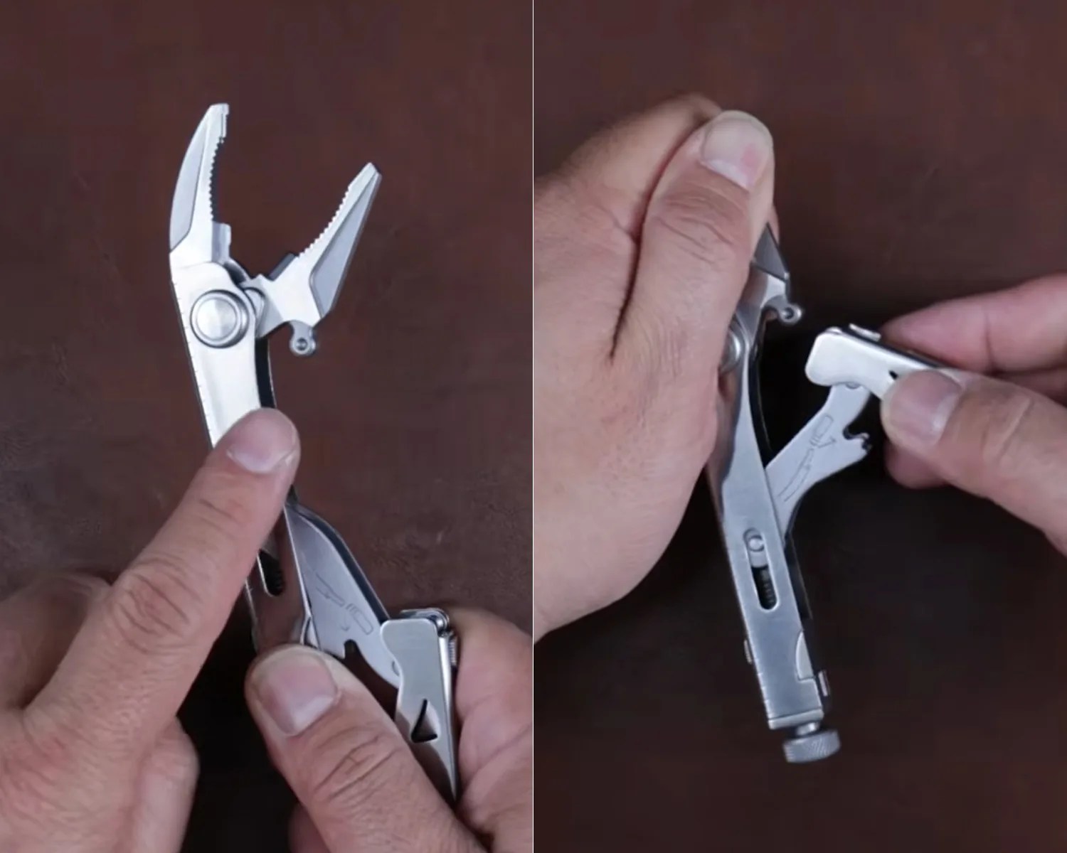 Silver multi-tool pliers with a serrated grip and a removable component held in hands against a brown background.