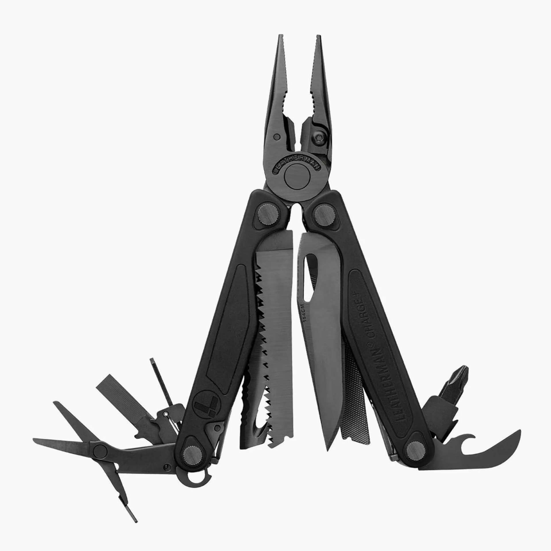 Black Leatherman multi-tool with pliers, saw, knife, scissors, and various fold-out tools.
