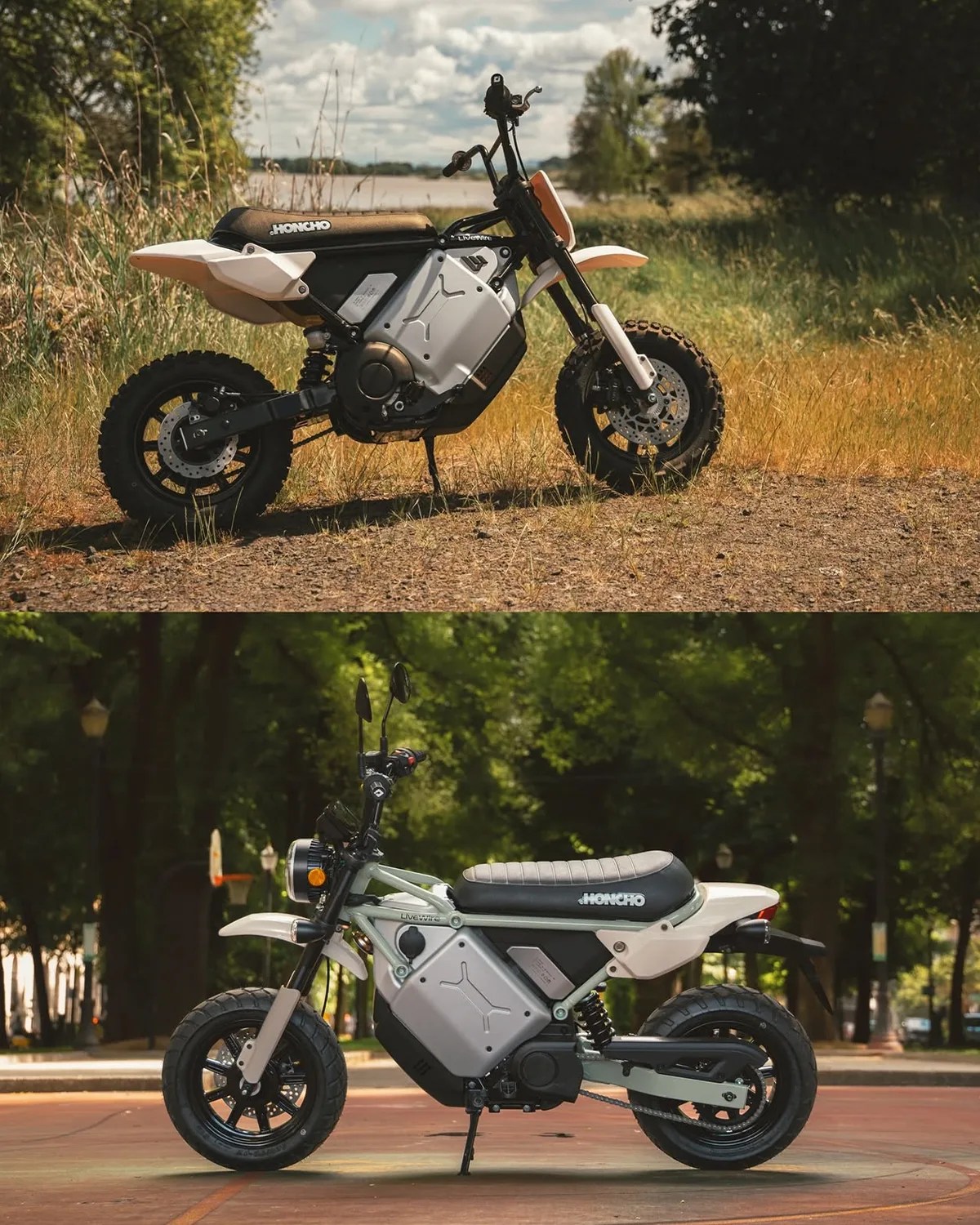 Two side views of a white and black electric motorcycle with "HONCHO" on the seat, shown outdoors on dirt and pavement.