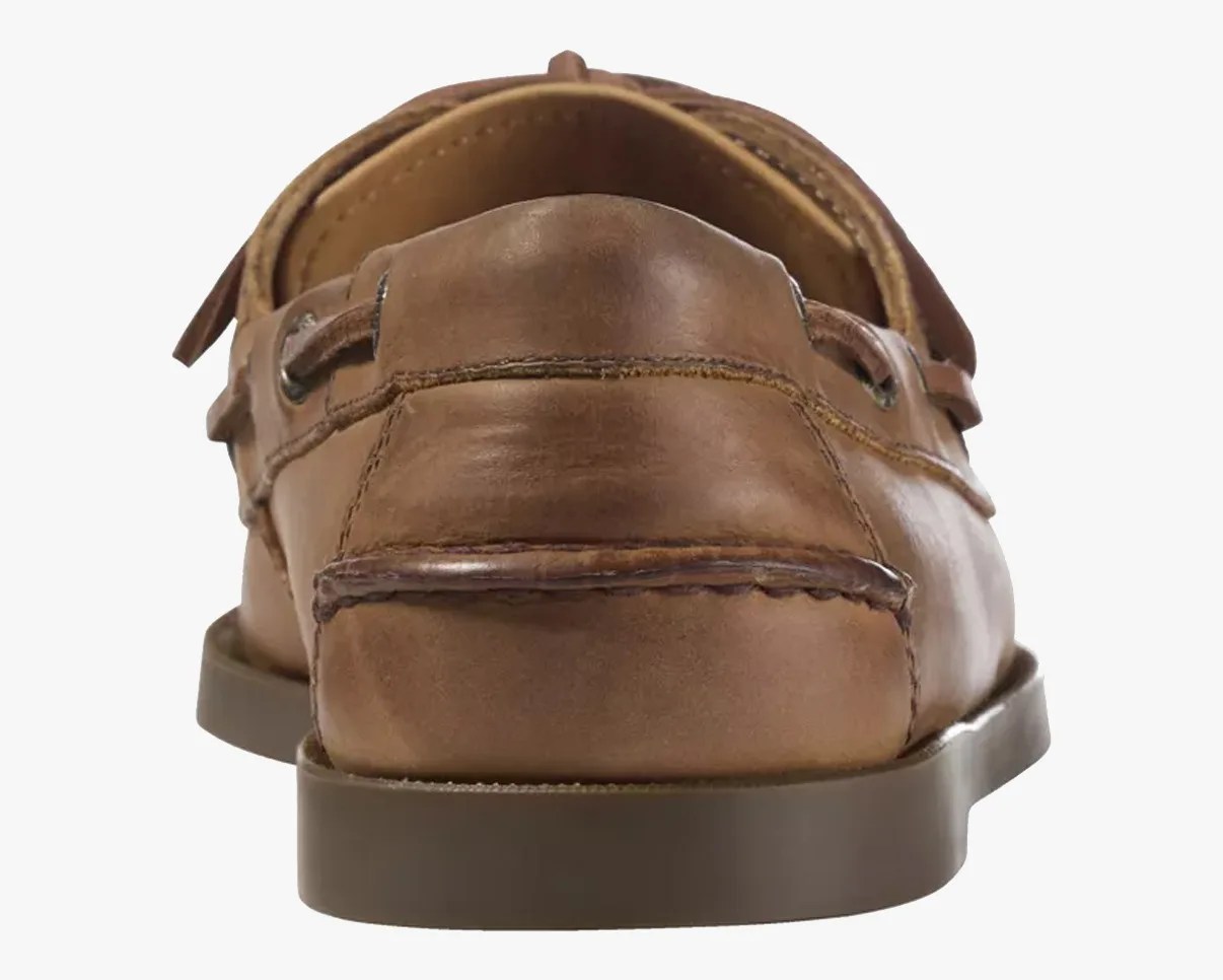 Rear view of a brown leather boat shoe with visible stitching and a rubber sole.