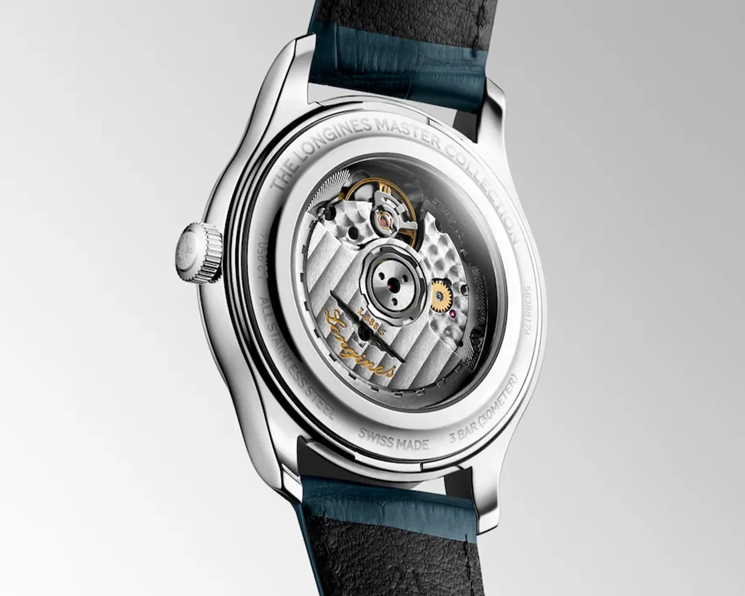 Back view of a Longines Master Collection watch showing the stainless steel case and visible automatic movement through a transparent case back.