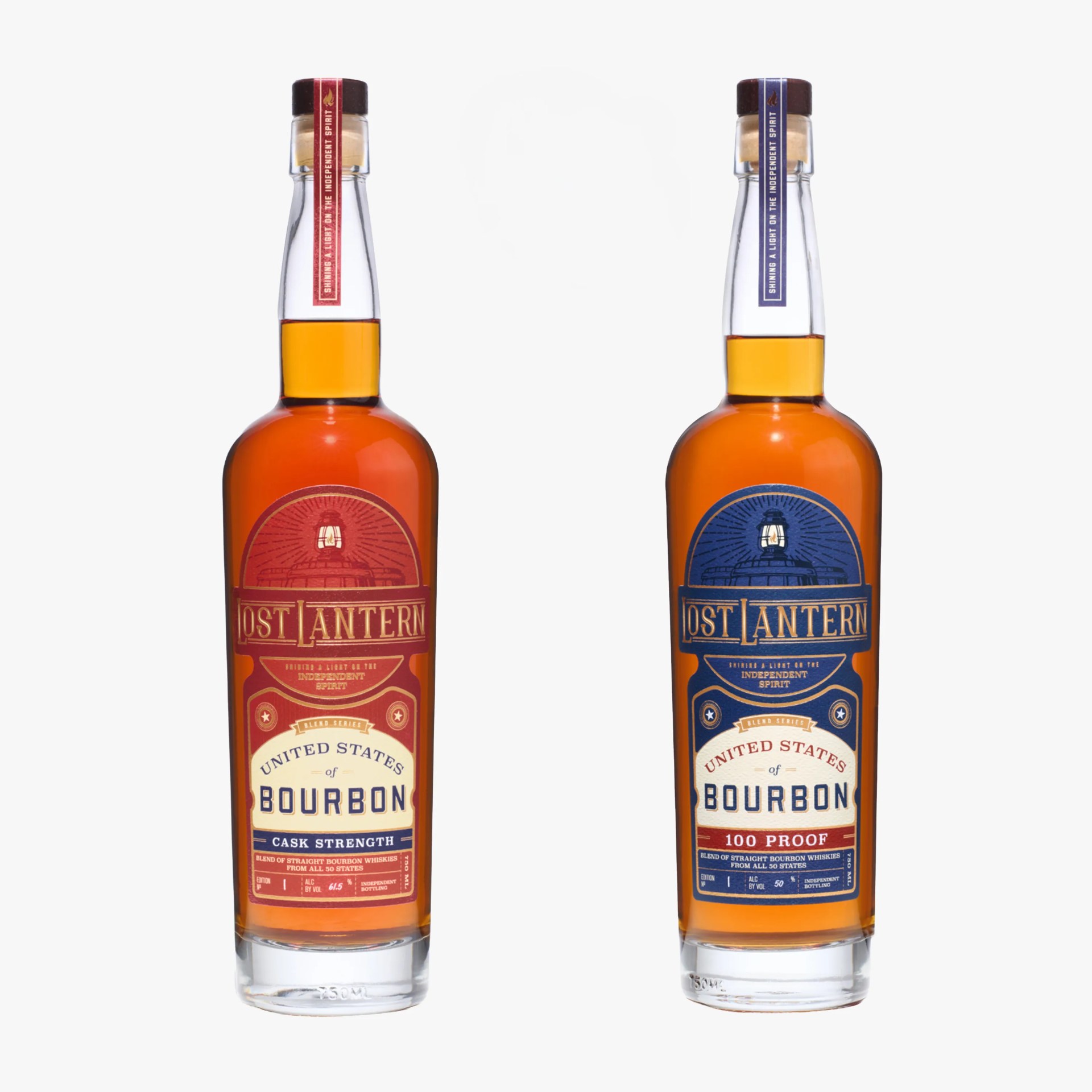 Two bottles of Lost Lantern bourbon whiskey, one with a red label marked "Cask Strength" and the other with a blue label marked "100 Proof.