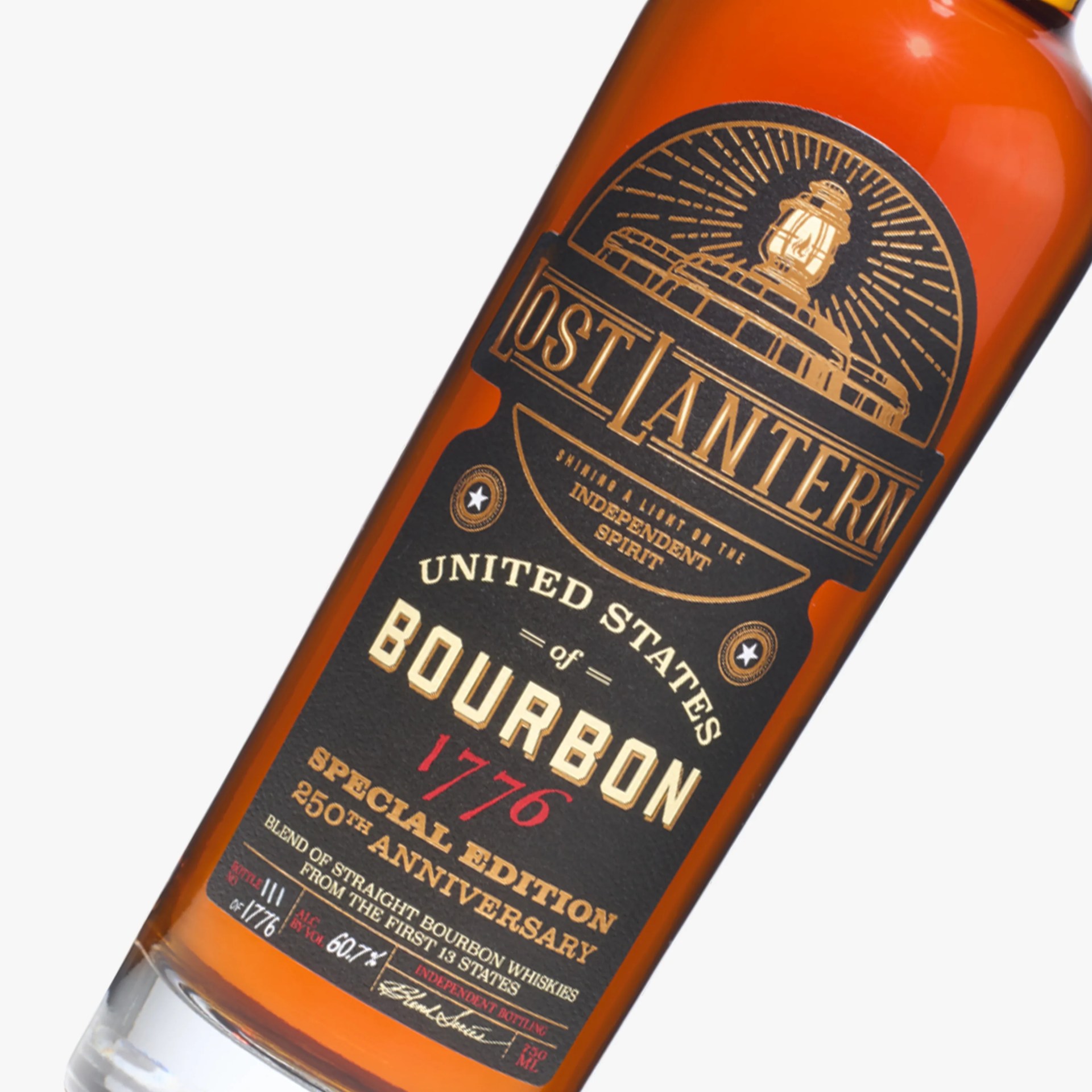 Amber bourbon whiskey bottle with black and gold label reading "United States Bourbon 1776 Special Edition 250th Anniversary