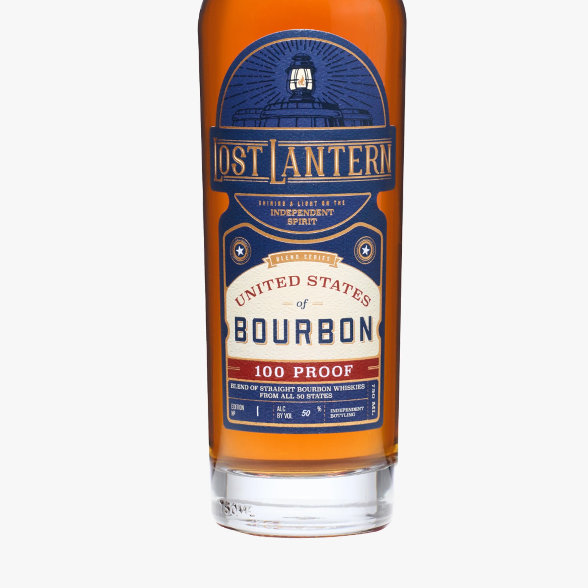 Amber bourbon bottle with blue and cream label reading "Lost Lantern United States Bourbon 100 Proof" and "Blend of straight bourbon whiskies from all 50 states.