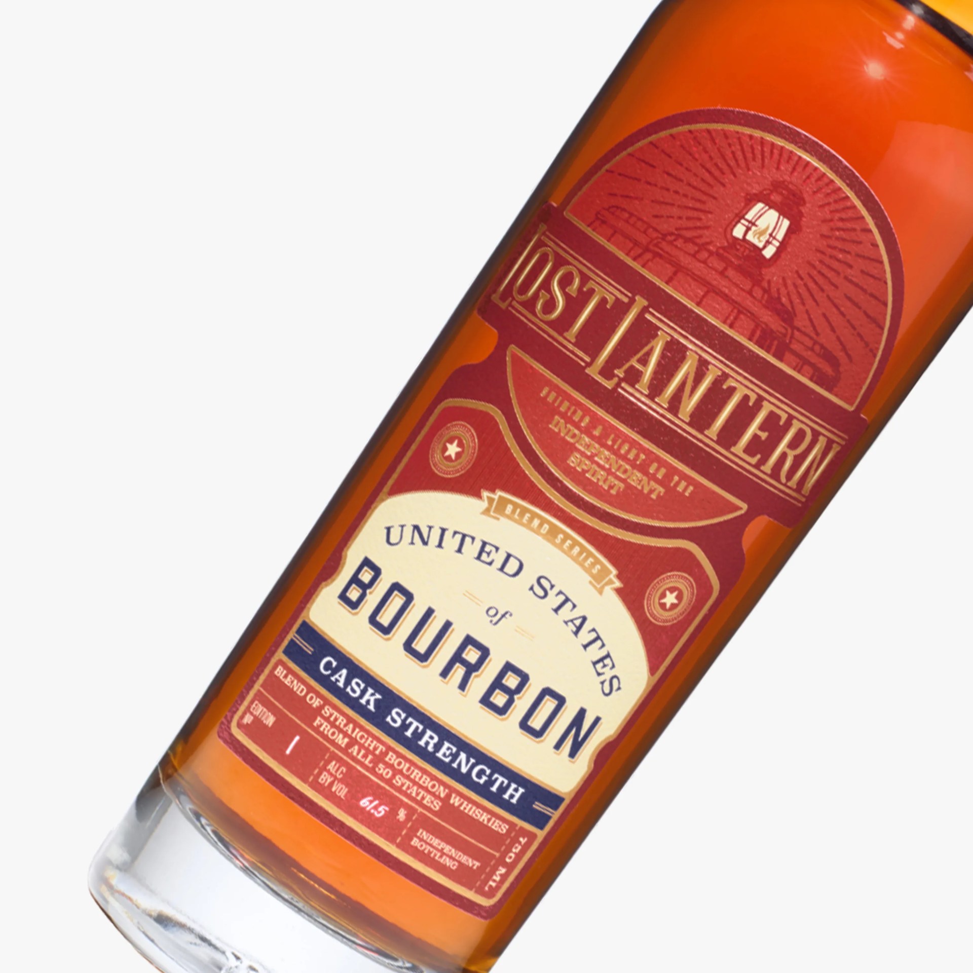 Amber bourbon whiskey bottle with red and cream label reading "United States Bourbon Cask Strength.